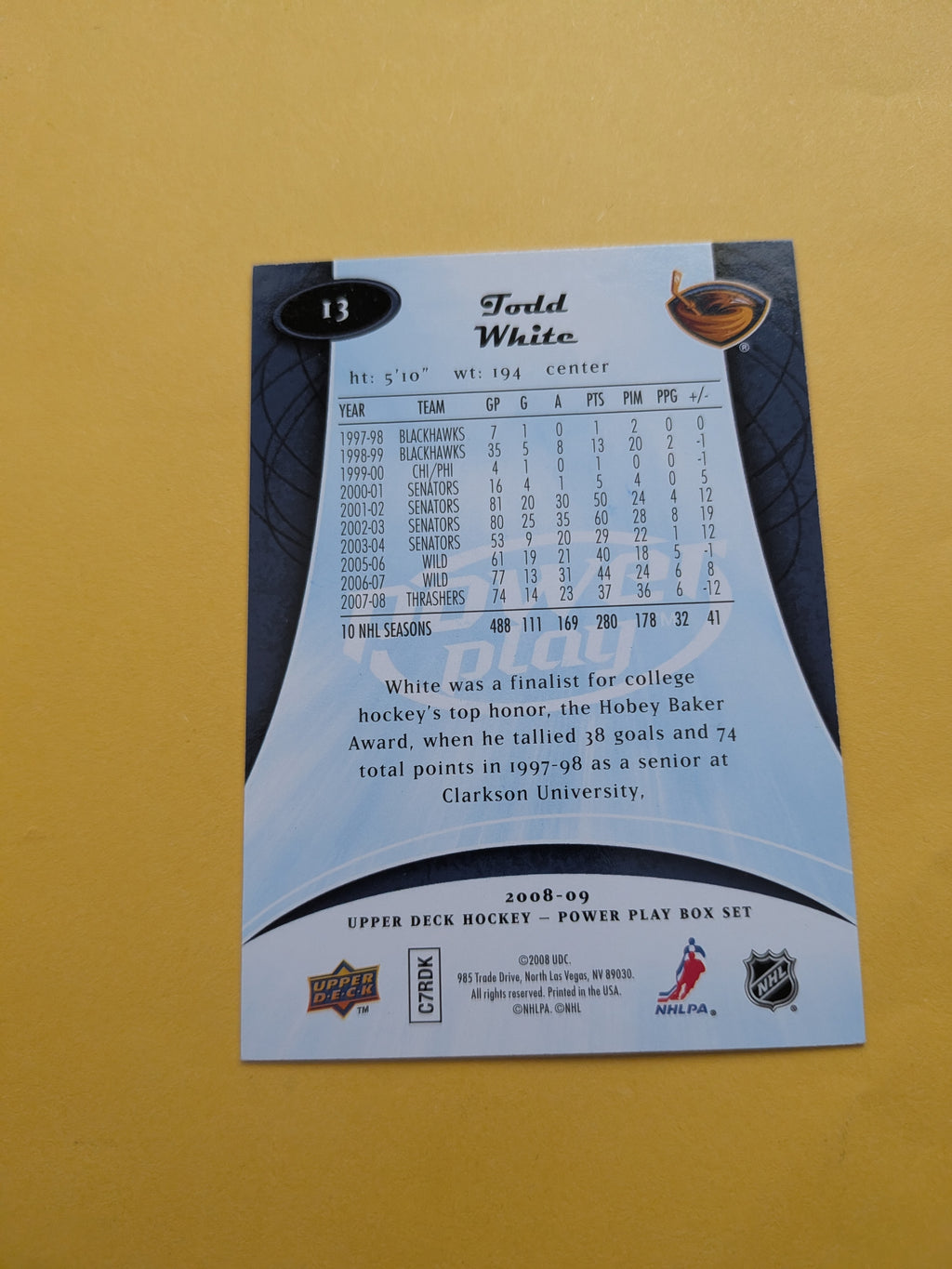 Todd White Signed Atlanta Thrashers Card A