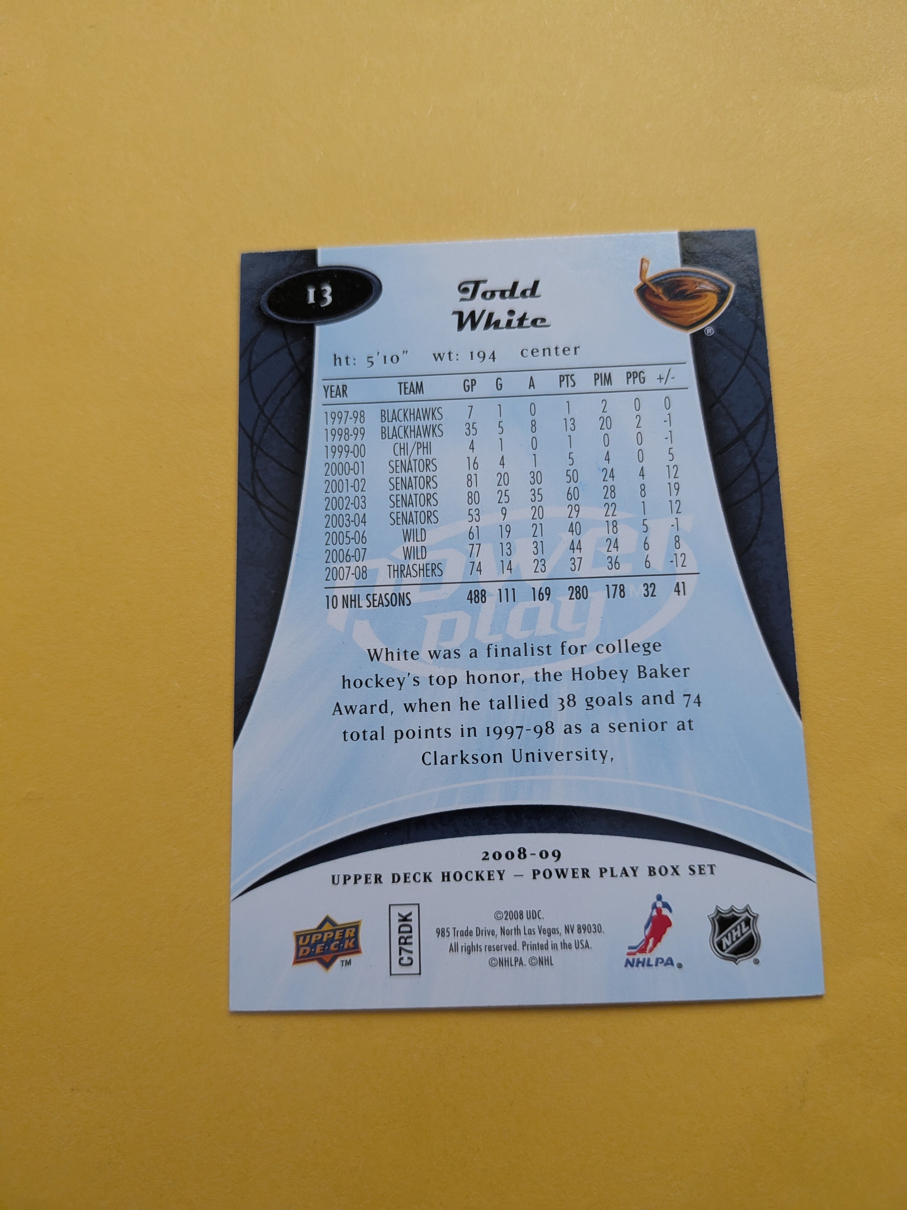 Todd White Signed Atlanta Thrashers Card A