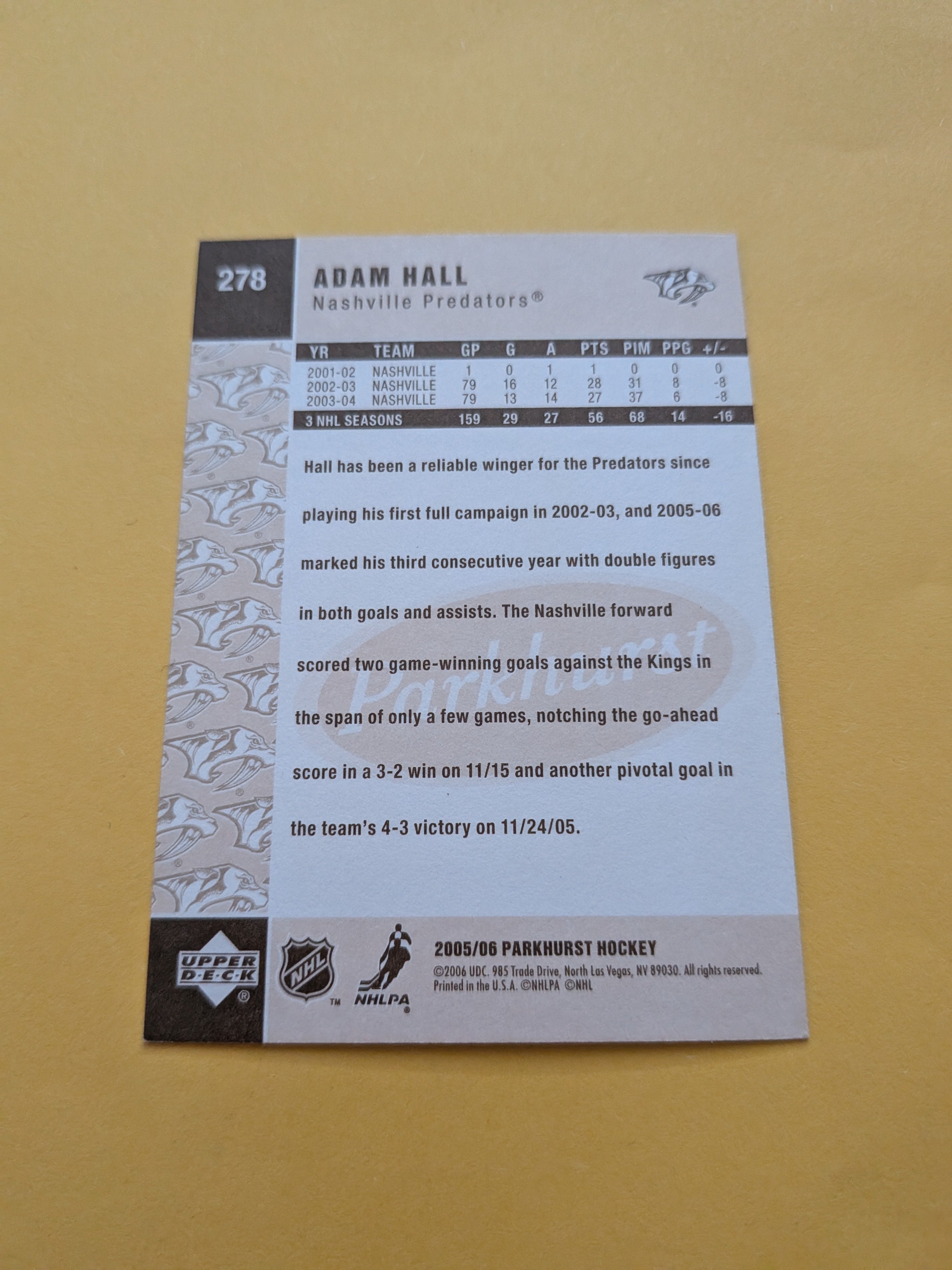 Adam Hall Signed Nashville Predators Card