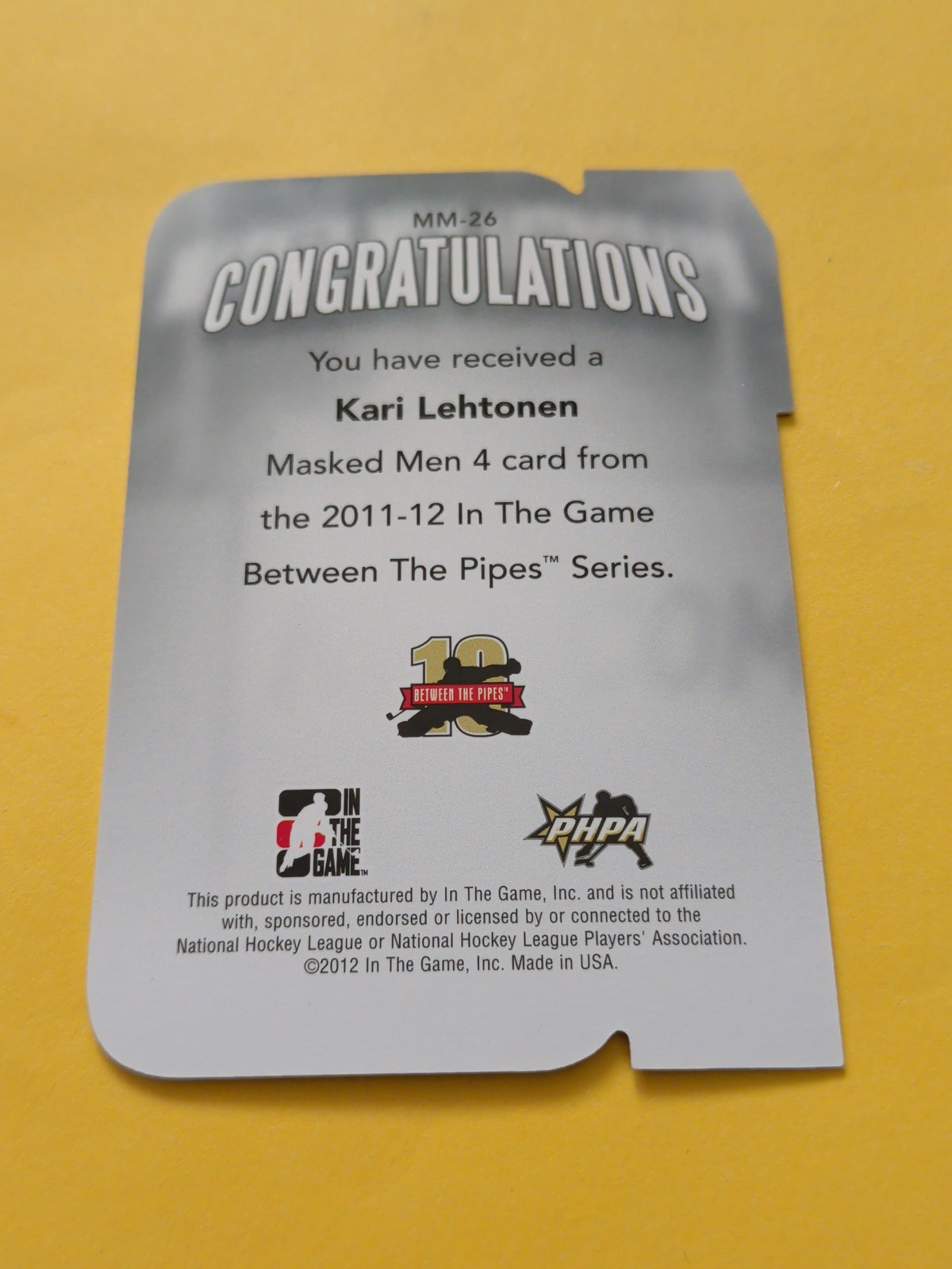 Kari Lehtonen 11-12 ITG Between The Pipes Masked Men Card