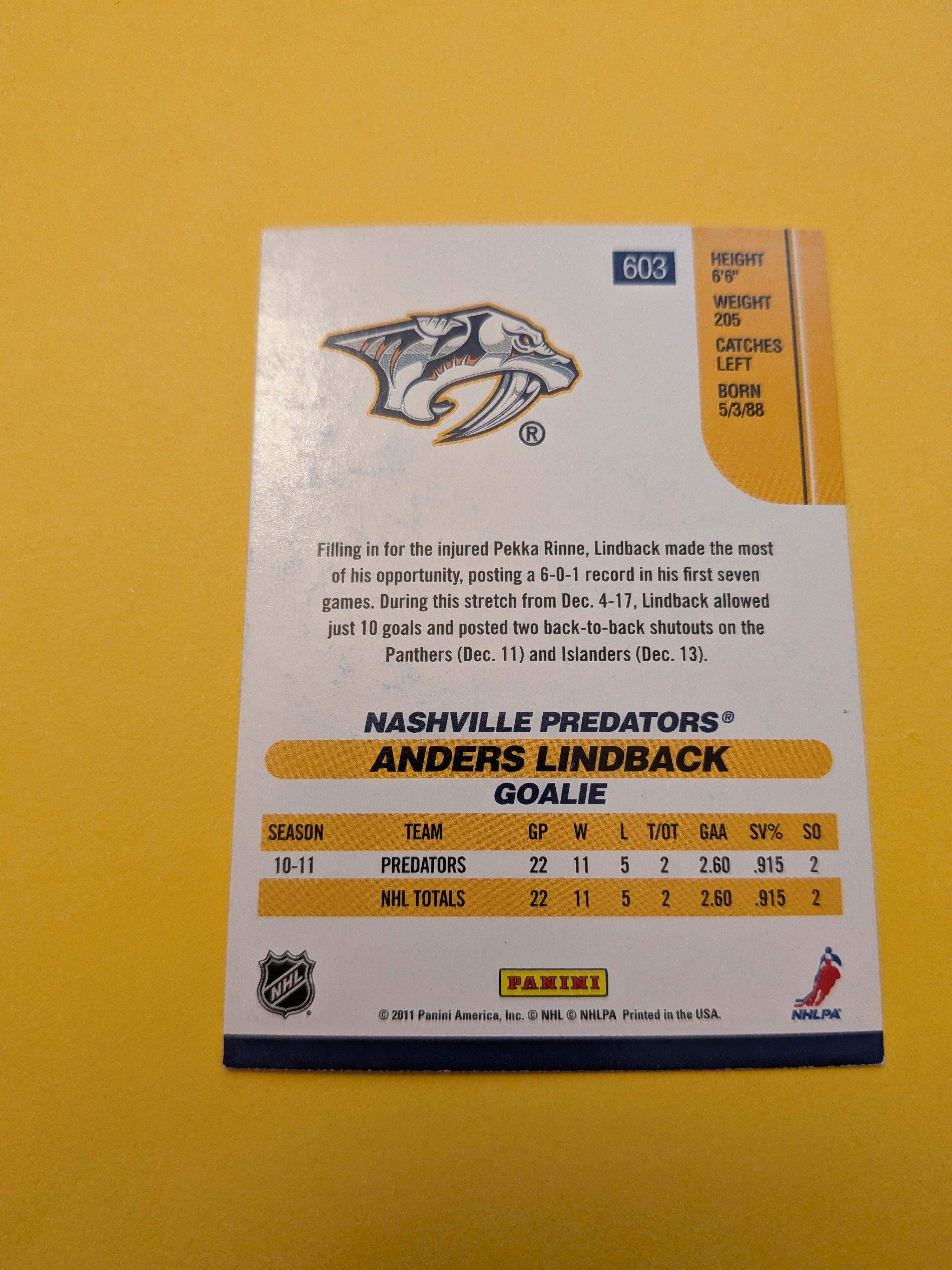 Anders Lindback Signed Nashville Predators Card A