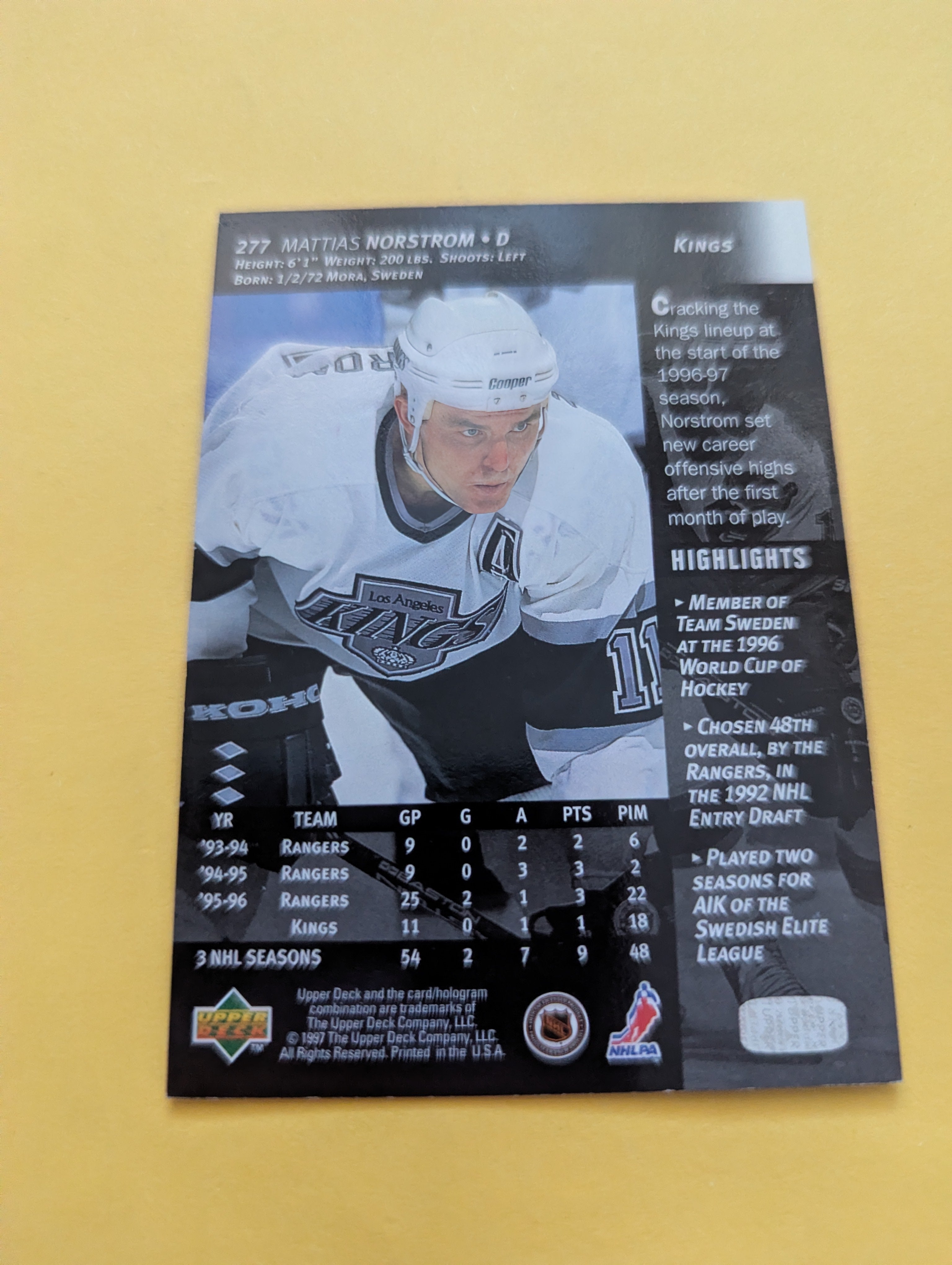 Mattias Norstrom Signed Los Angeles Kings Card A