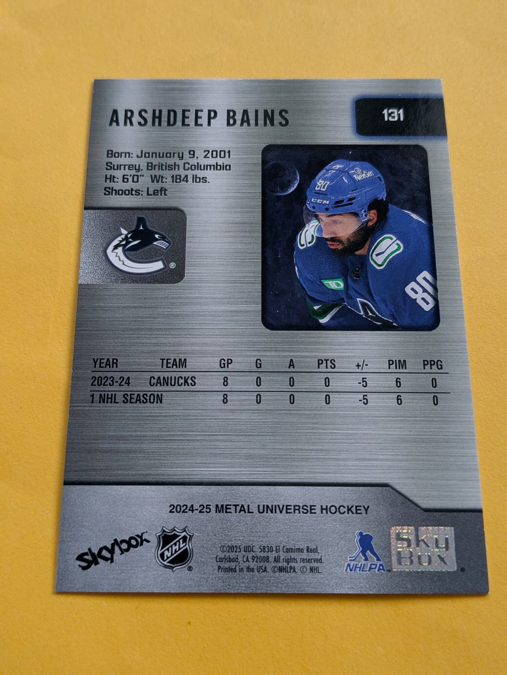 Arshdeep Bains Signed Vancouver Canucks Rookie Card