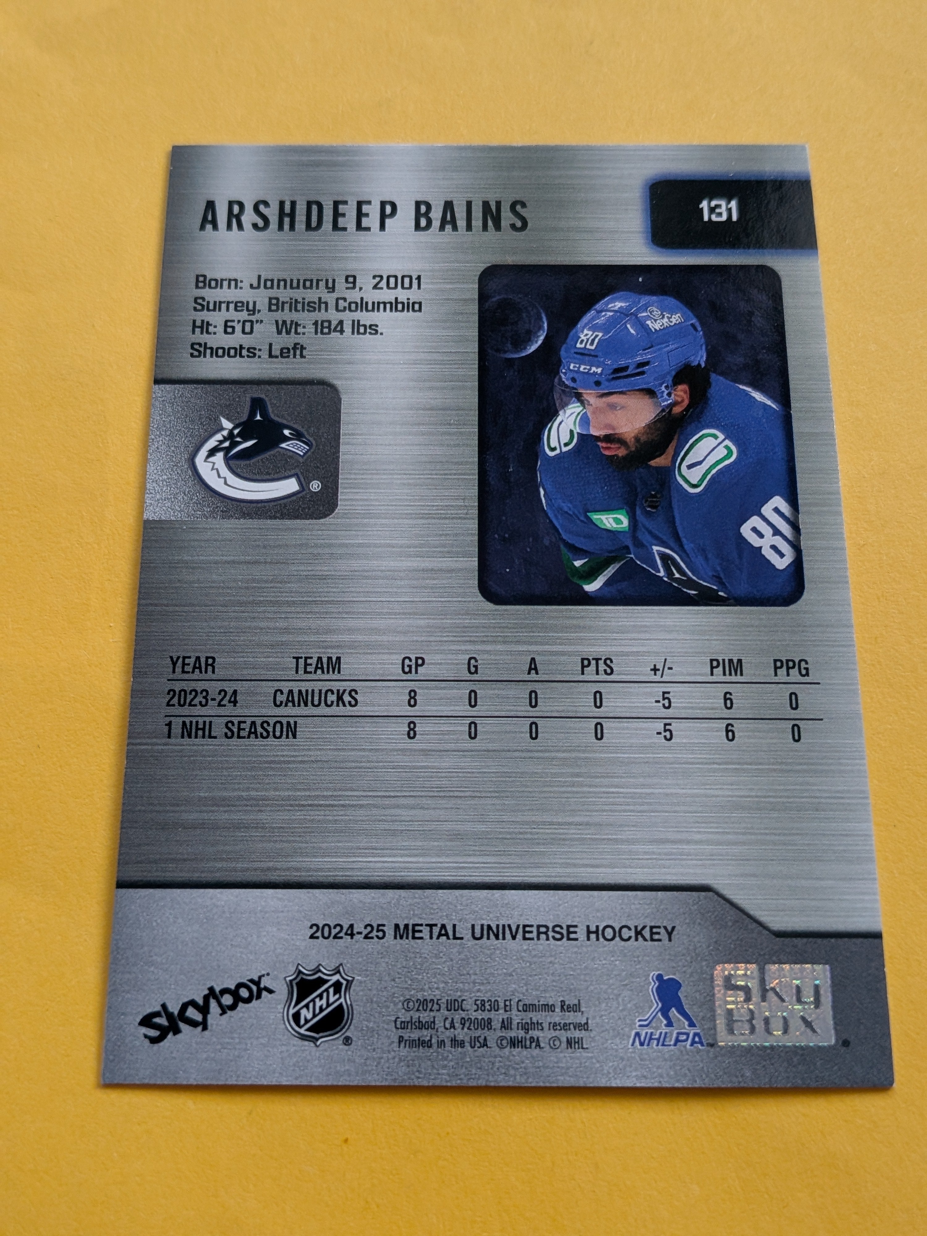 Arshdeep Bains Signed Vancouver Canucks Rookie Card