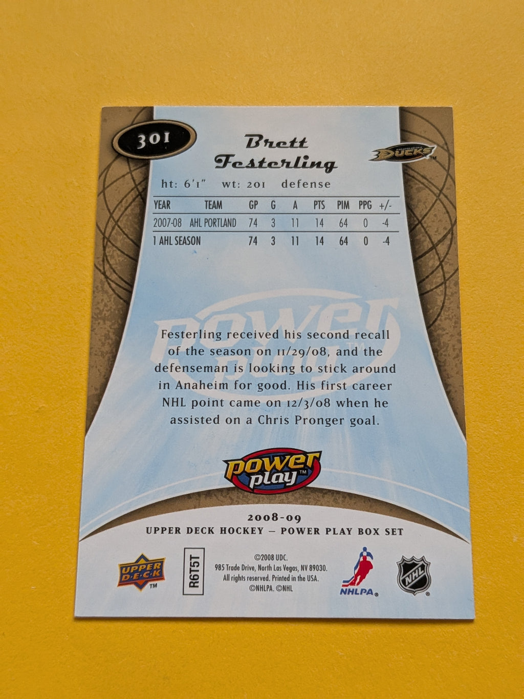 Brett Festerling Signed Anaheim Ducks Rookie Card A