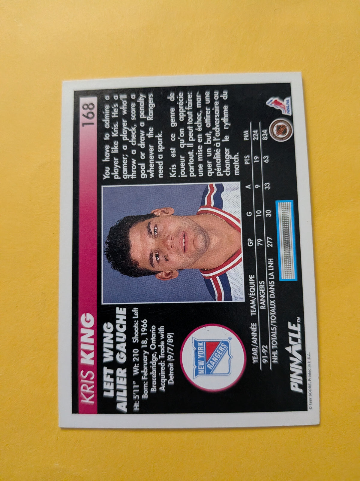 Kris King Signed New York Rangers Card D