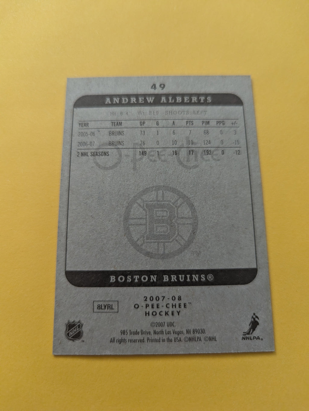 Andrew Alberts Signed Boston Bruins Card