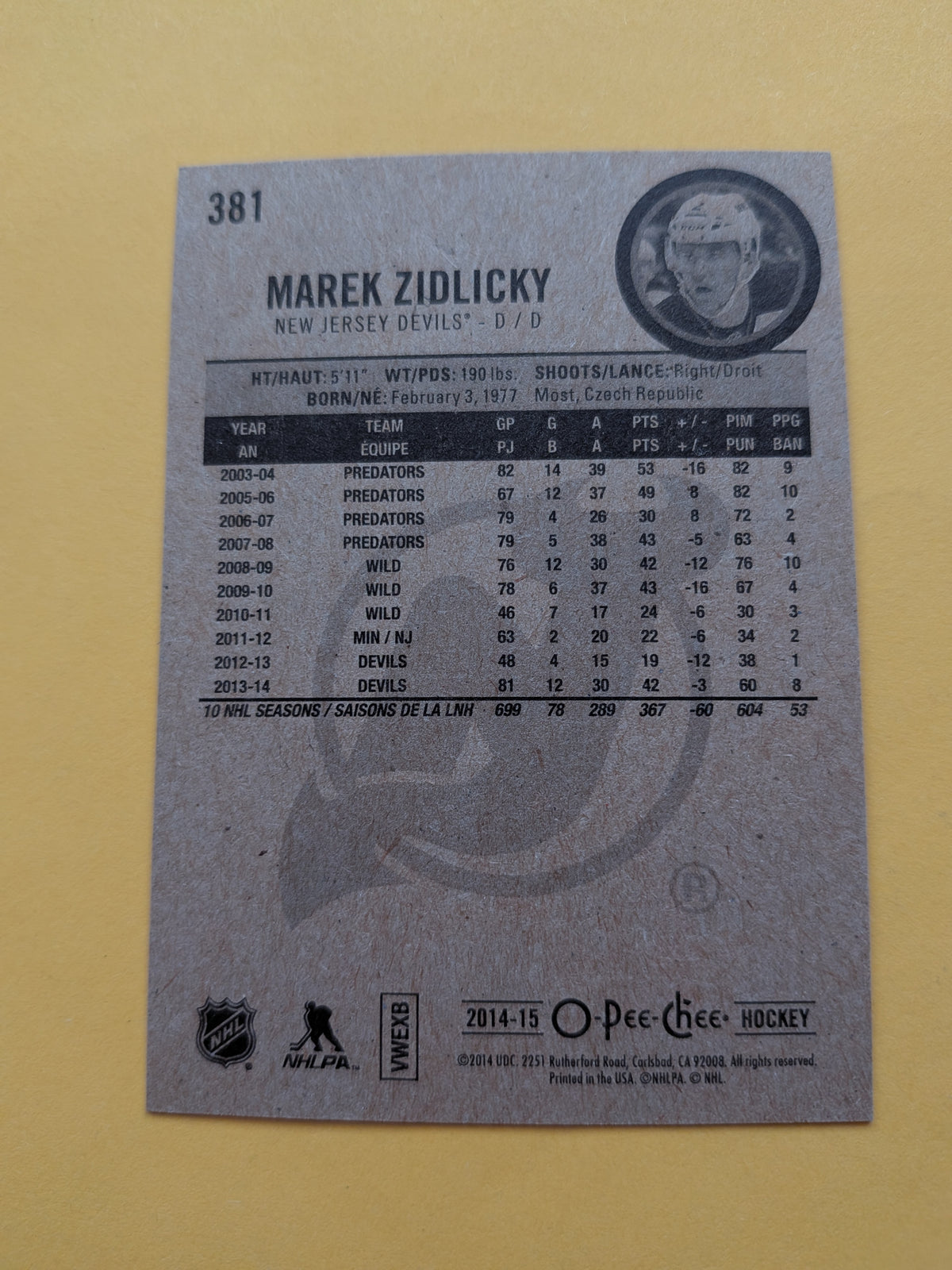 Marek Zidlicky Signed New Jersey Devils Card C