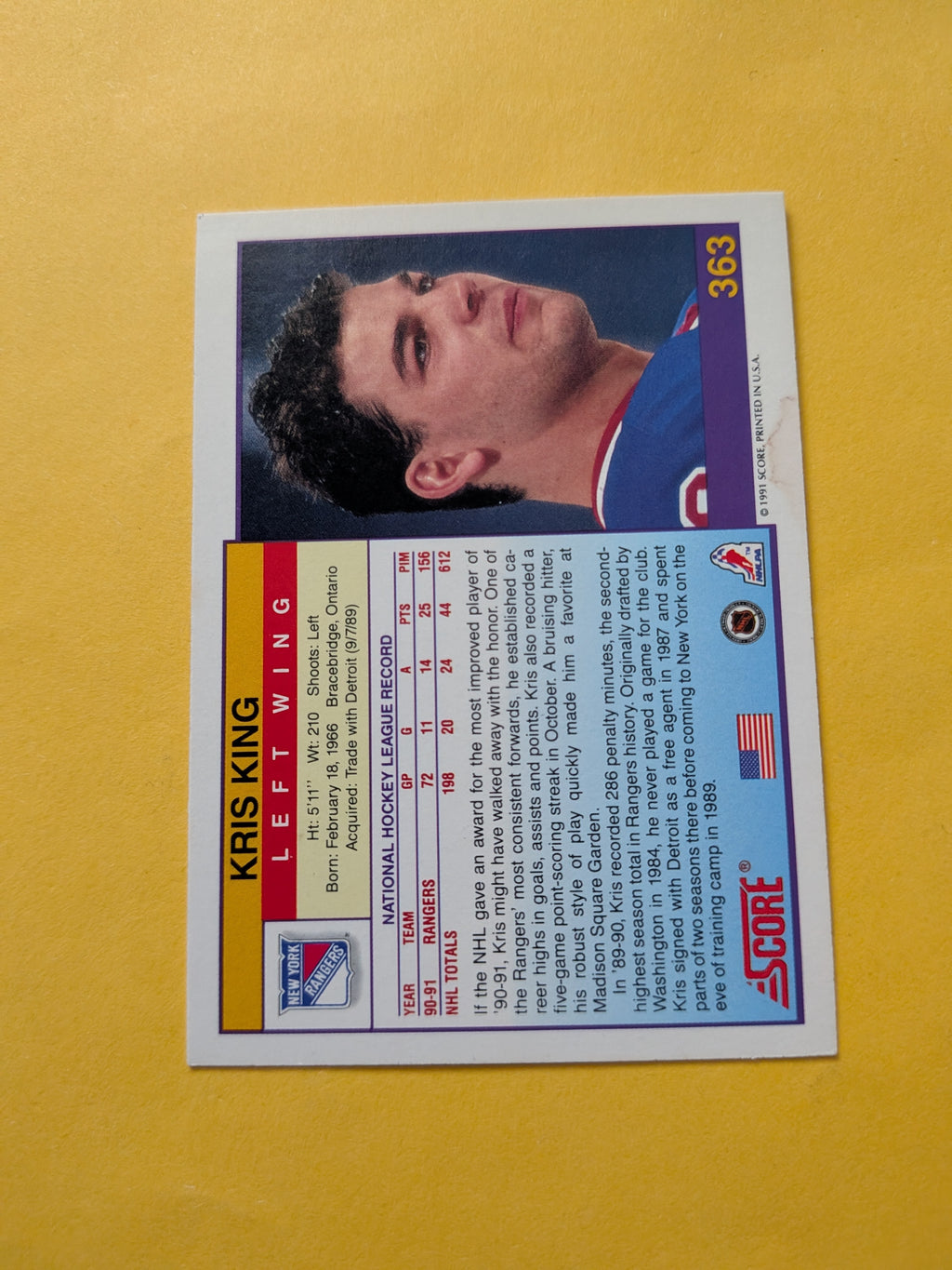 Kris King Signed New York Rangers Card J