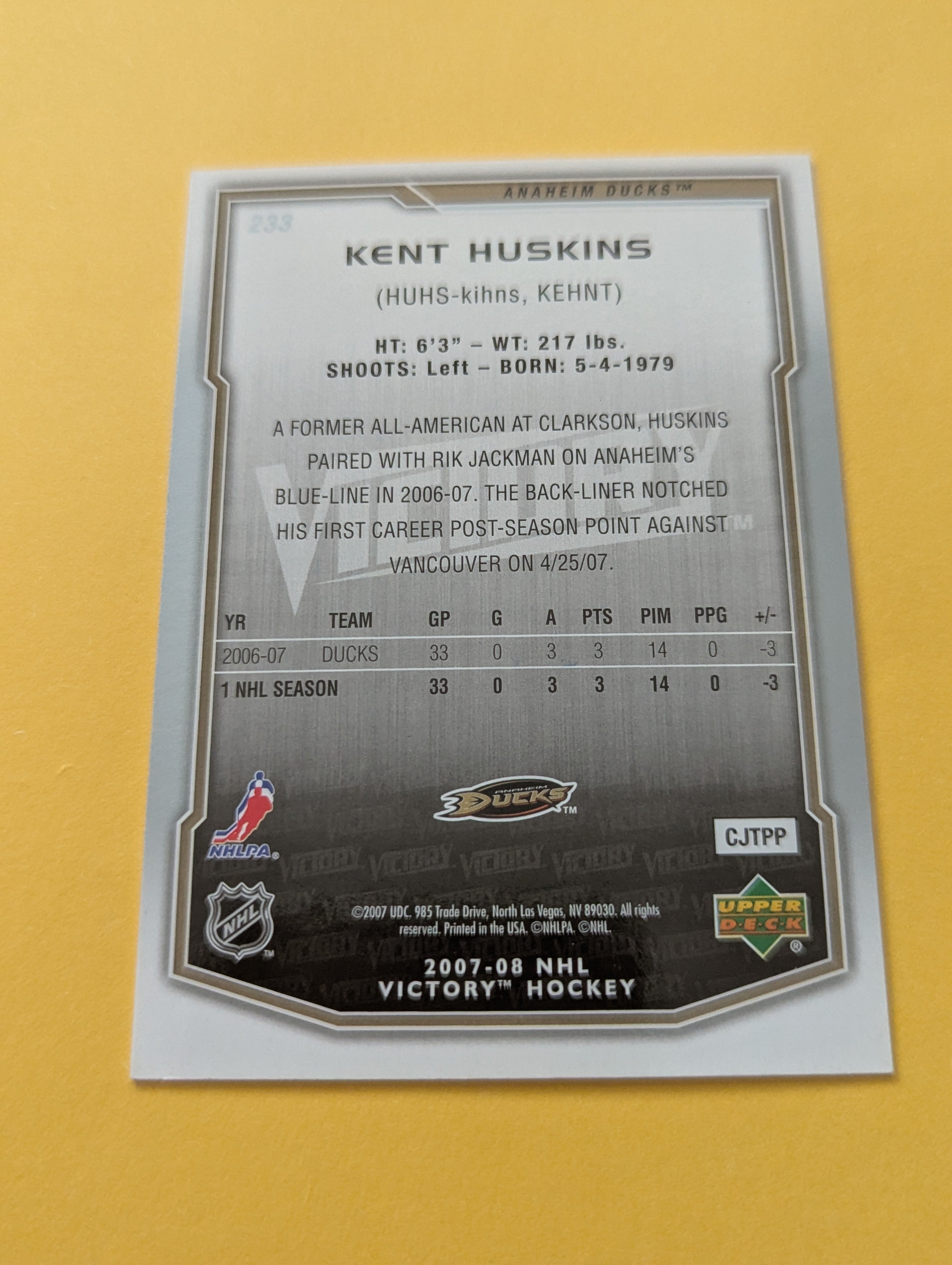 Kent Huskins Signed Anaheim Ducks Rookie Card