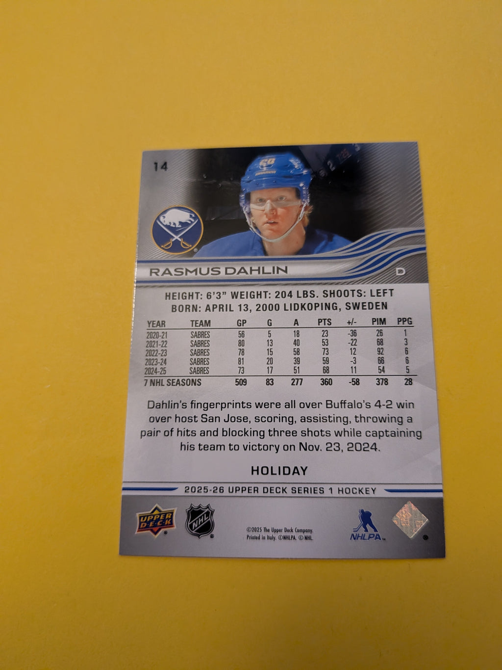 Rasmus Dahlin 25-26 Upper Deck Green Holiday Card