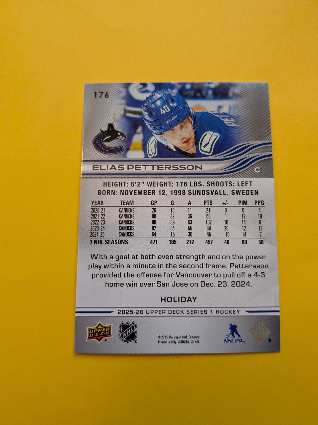 Elias Pettersson 25-26 Upper Deck Green Holiday Card