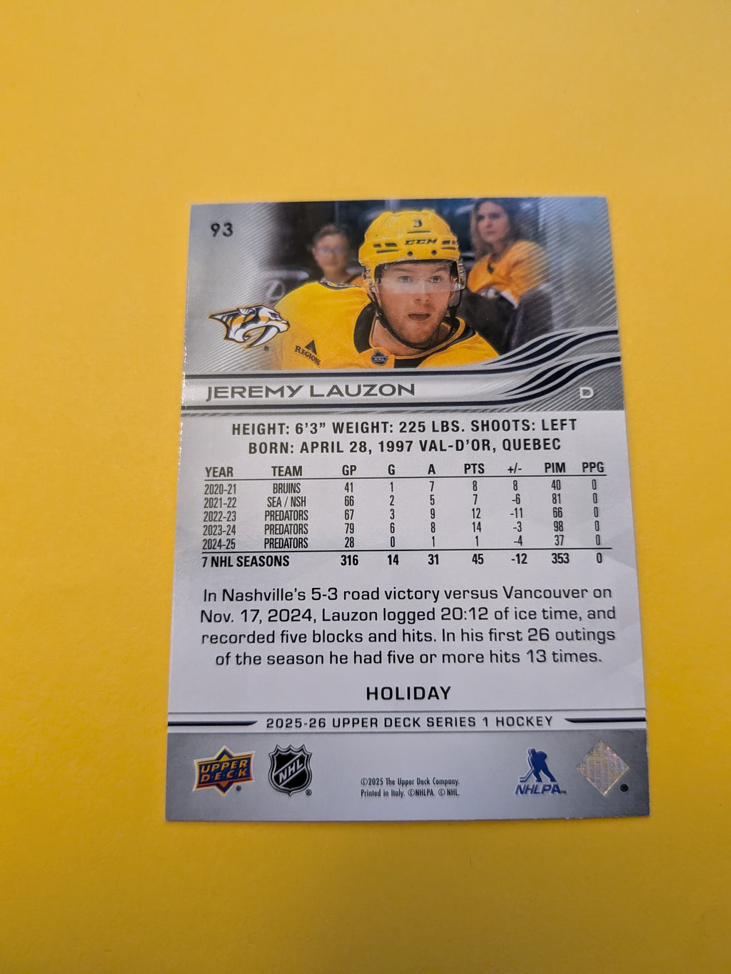 Jeremy Lauzon 25-26 Upper Deck Green Holiday Card