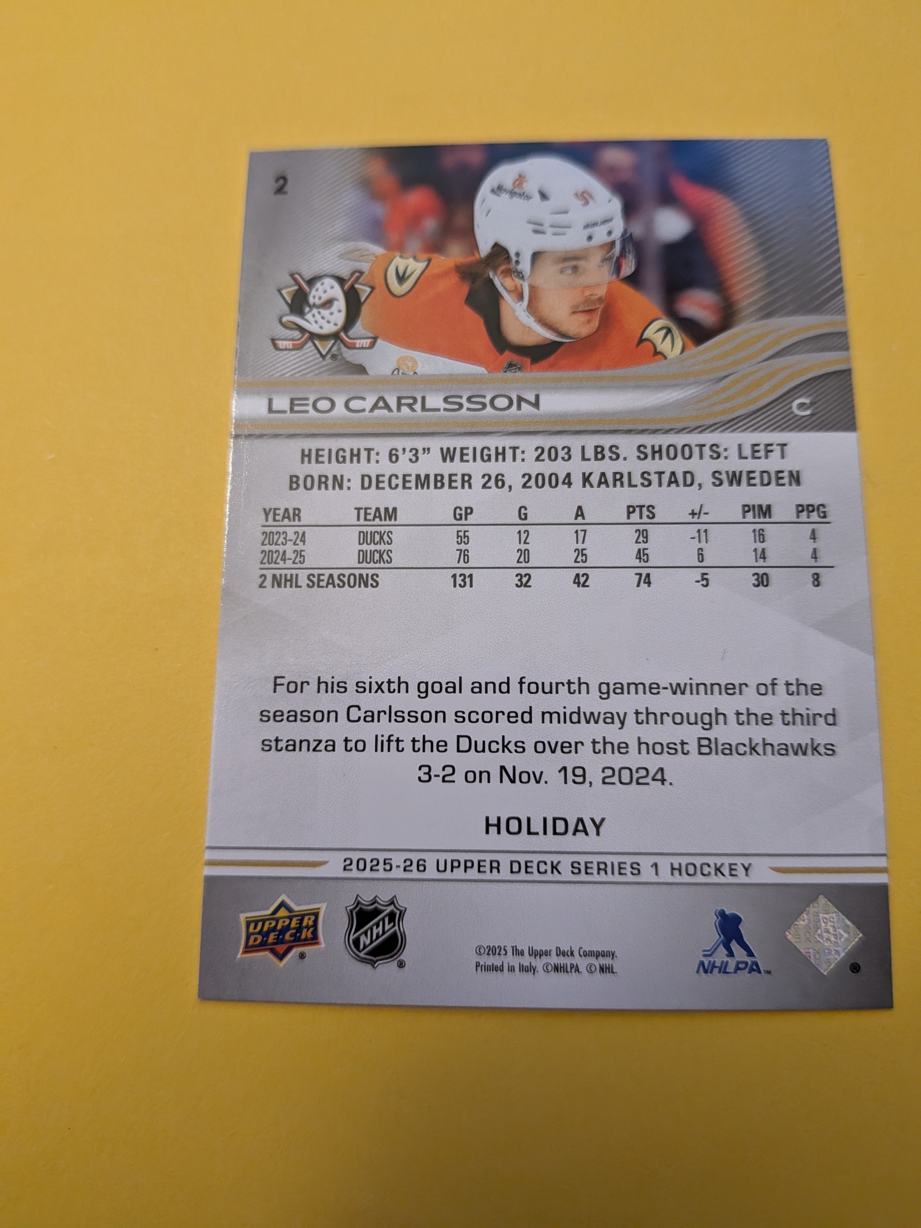 Leo Carlsson 25-26 Upper Deck Green Holiday Card