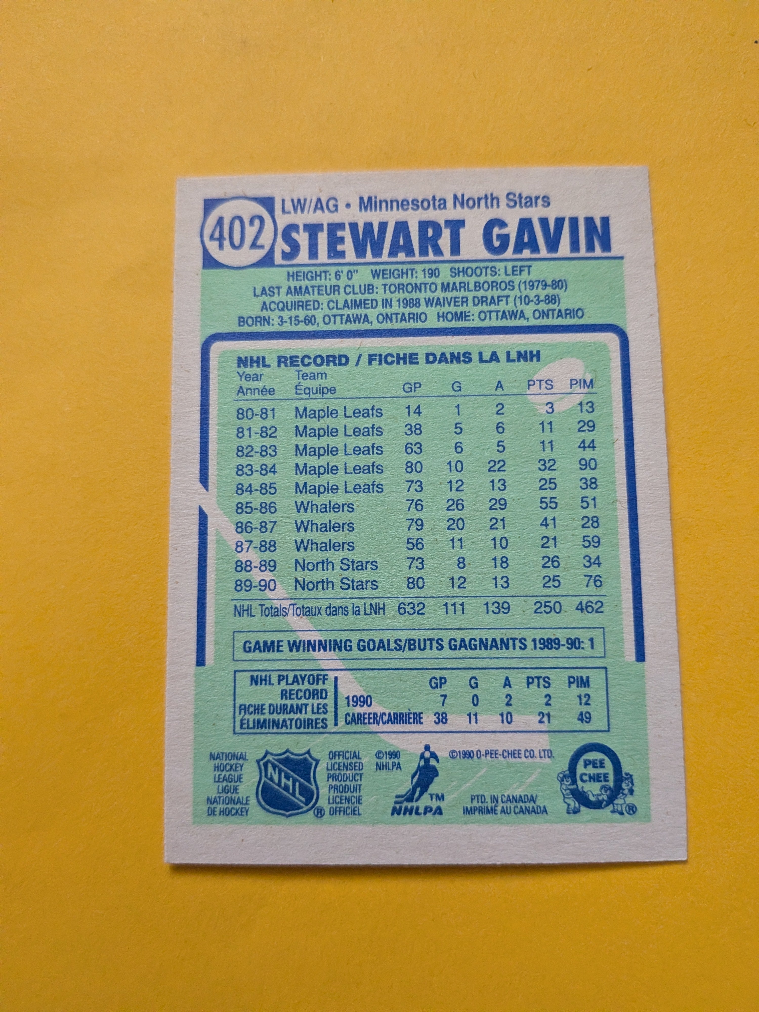 Stewart Gavin Signed Minnesota North Stars Card D