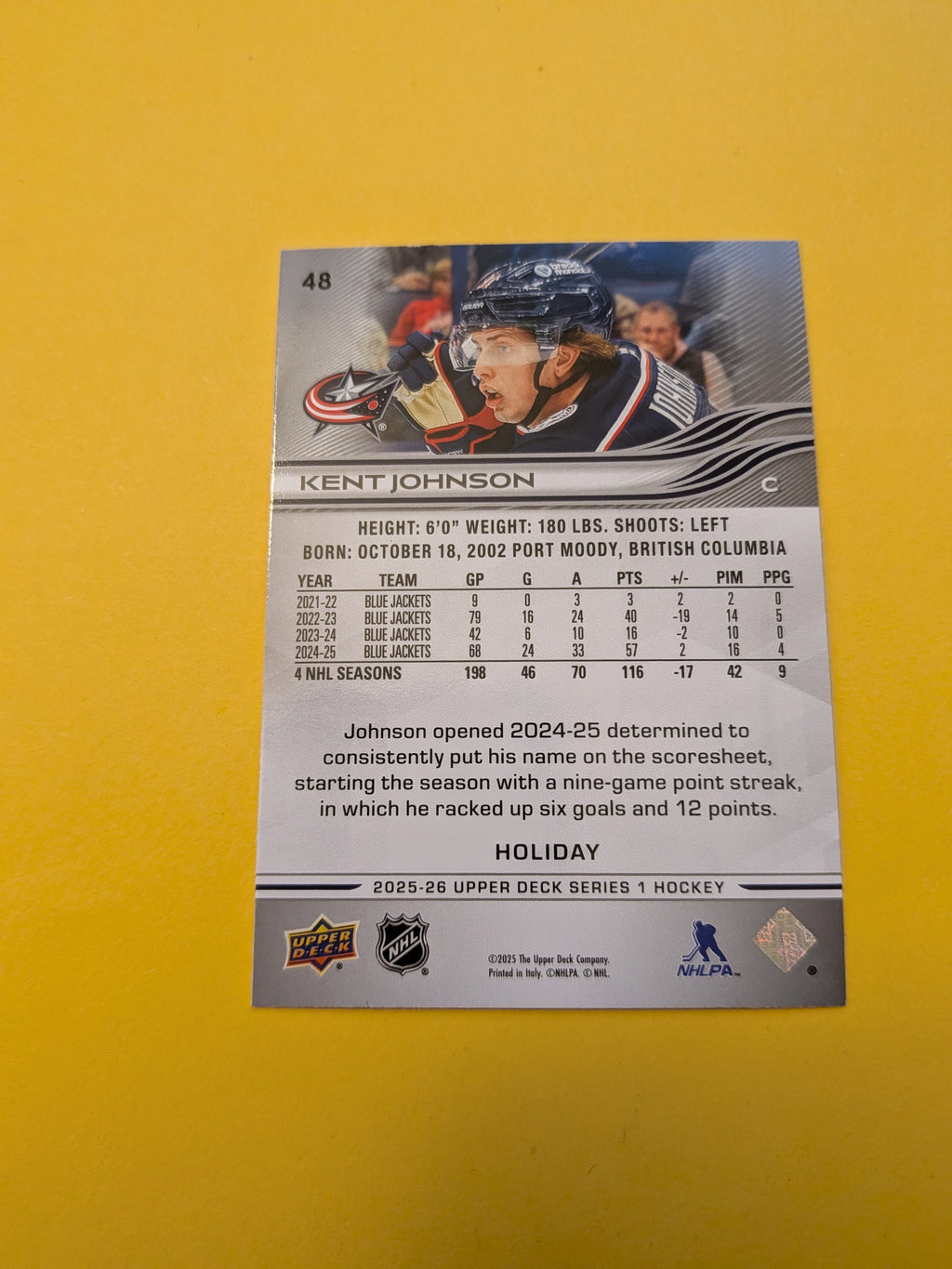 Kent Johnson 25-26 Upper Deck Green Holiday Card