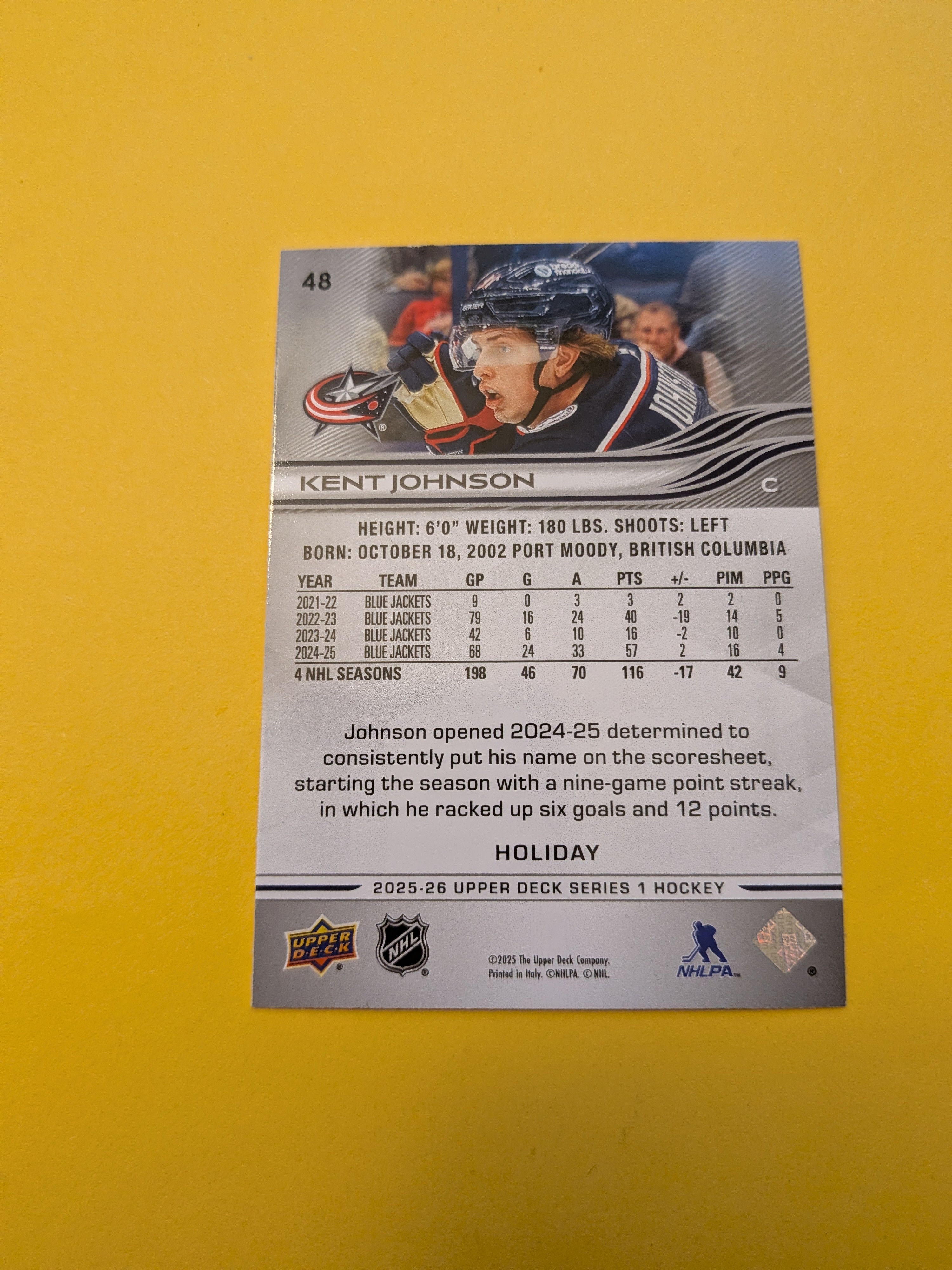 Kent Johnson 25-26 Upper Deck Green Holiday Card