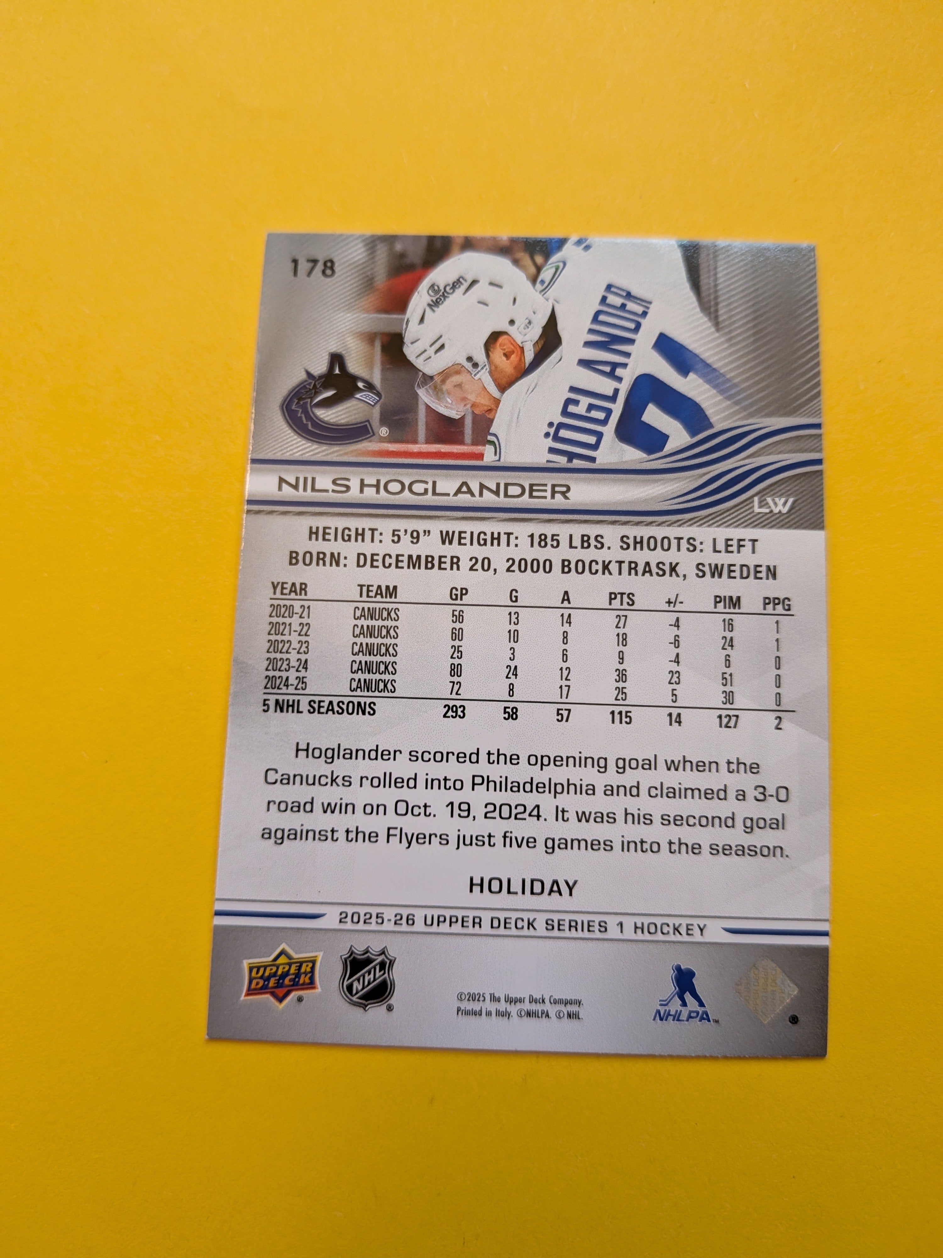 Nils Hoglander 25-26 Upper Deck Green Holiday Card