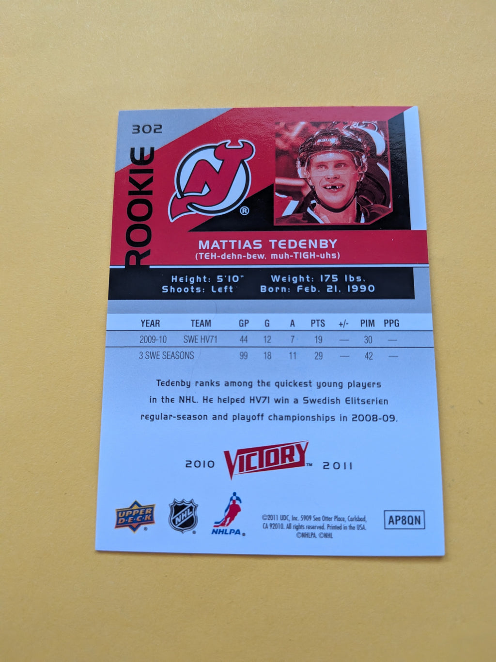 Mattias Tedenby Signed New Jersey Devils Rookie Card C