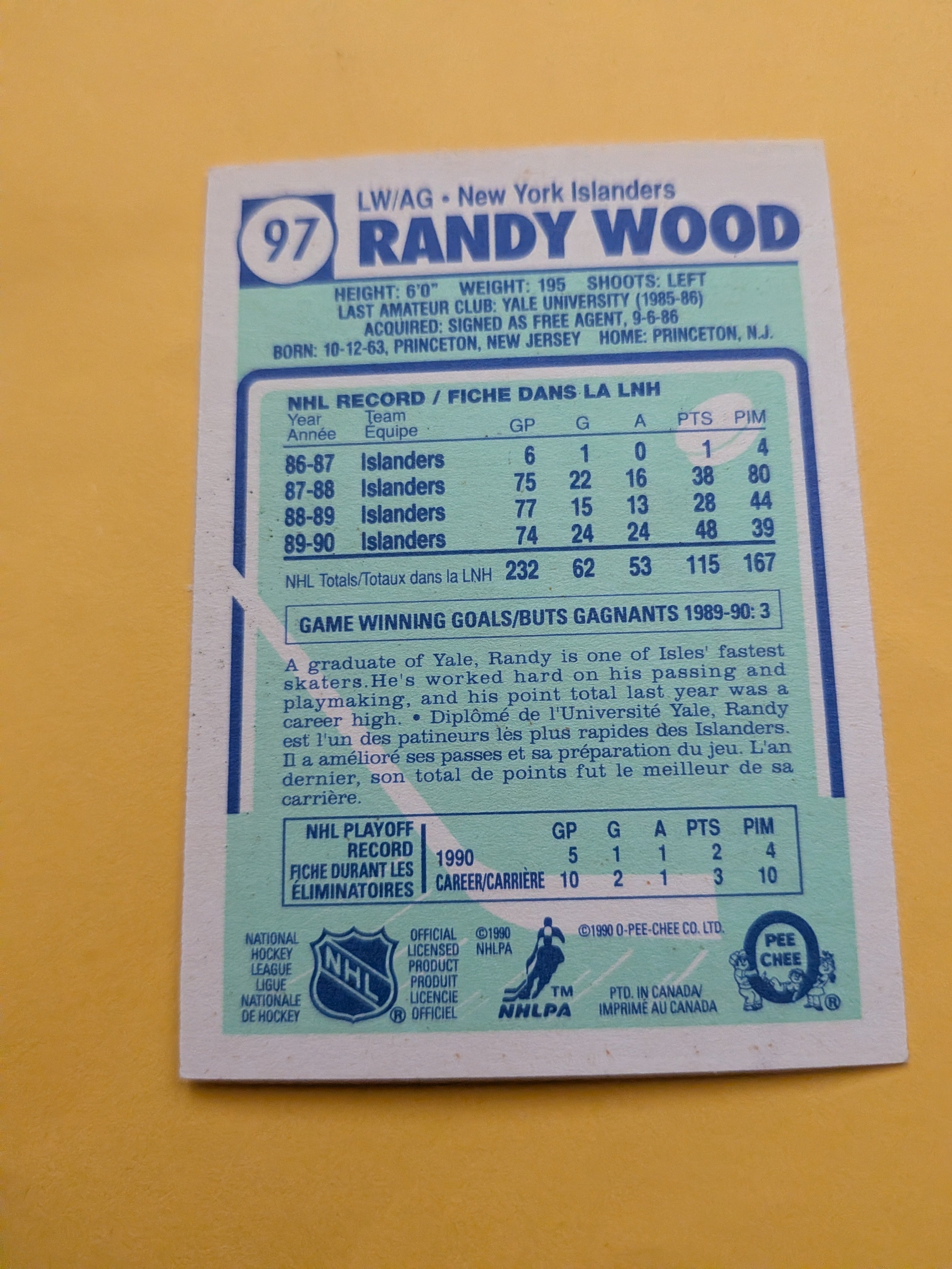 Randy Wood Signed New York Islanders Card E