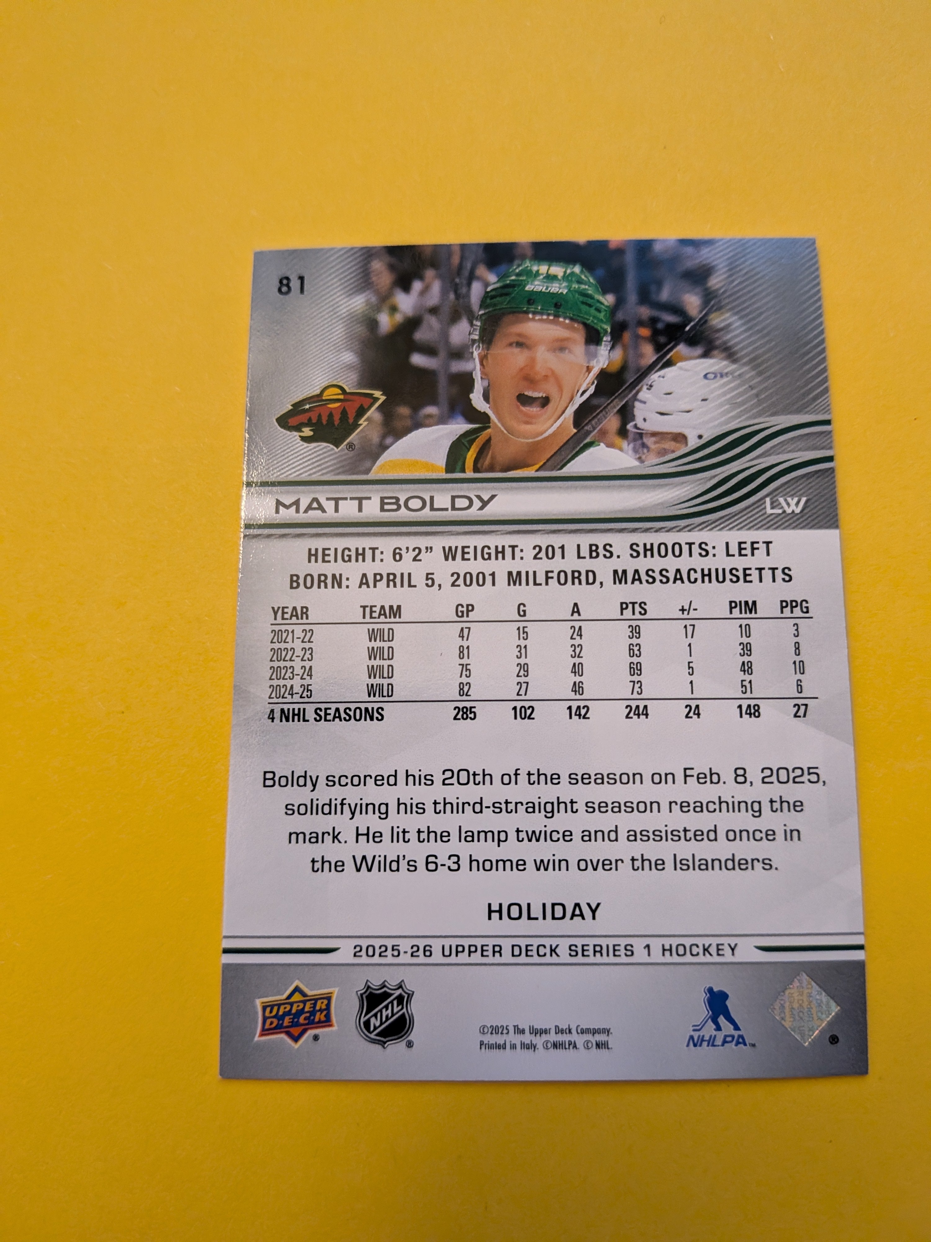 Matt Boldy 25-26 Upper Deck Green Holiday Card
