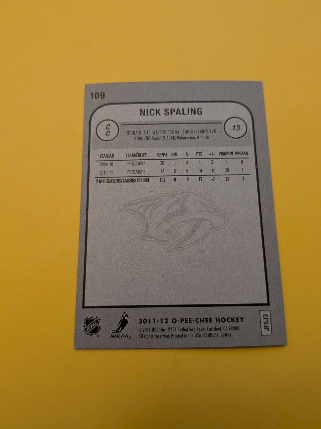 Nick Spaling Signed Nashville Predators Card B