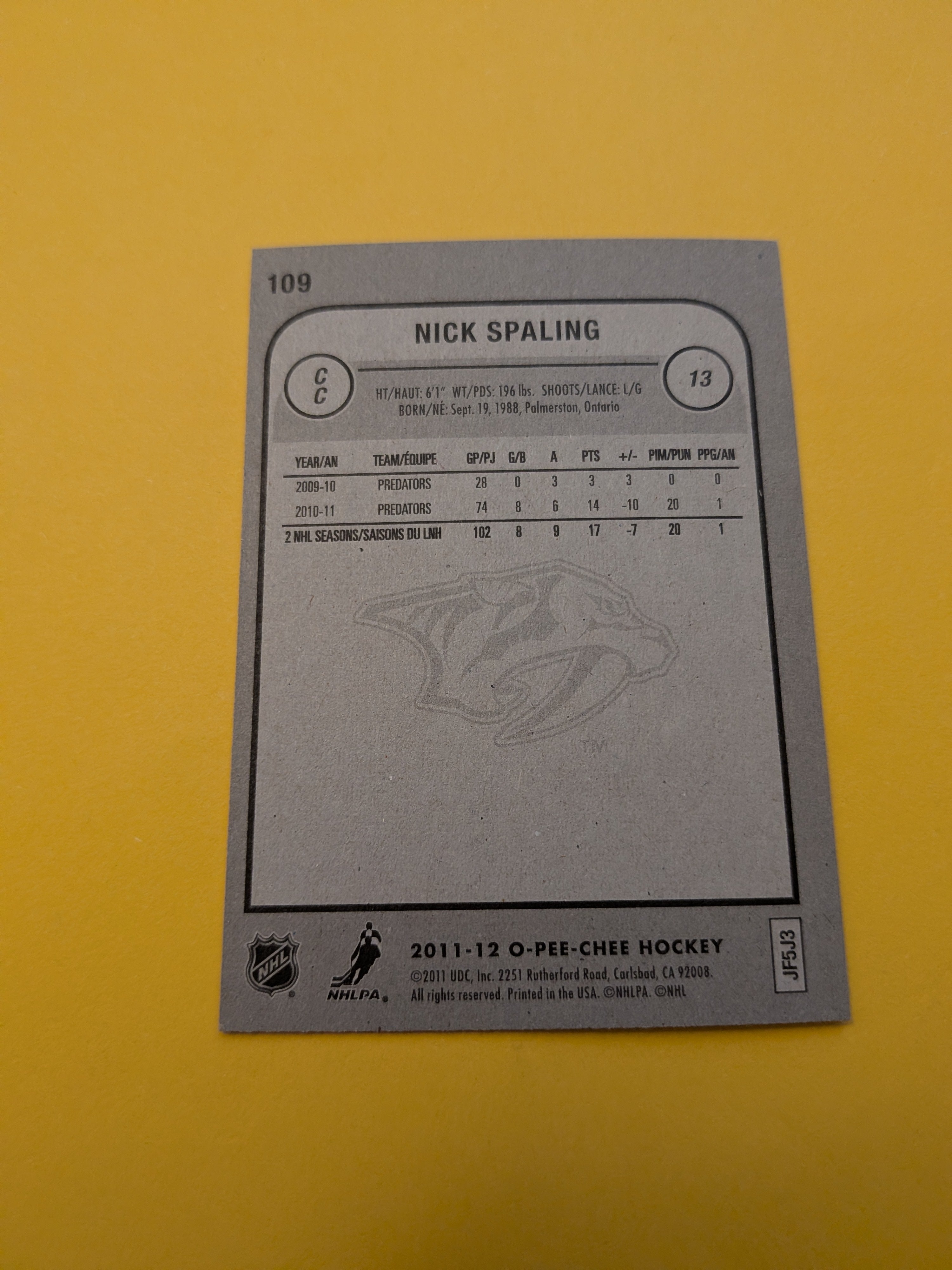 Nick Spaling Signed Nashville Predators Card B
