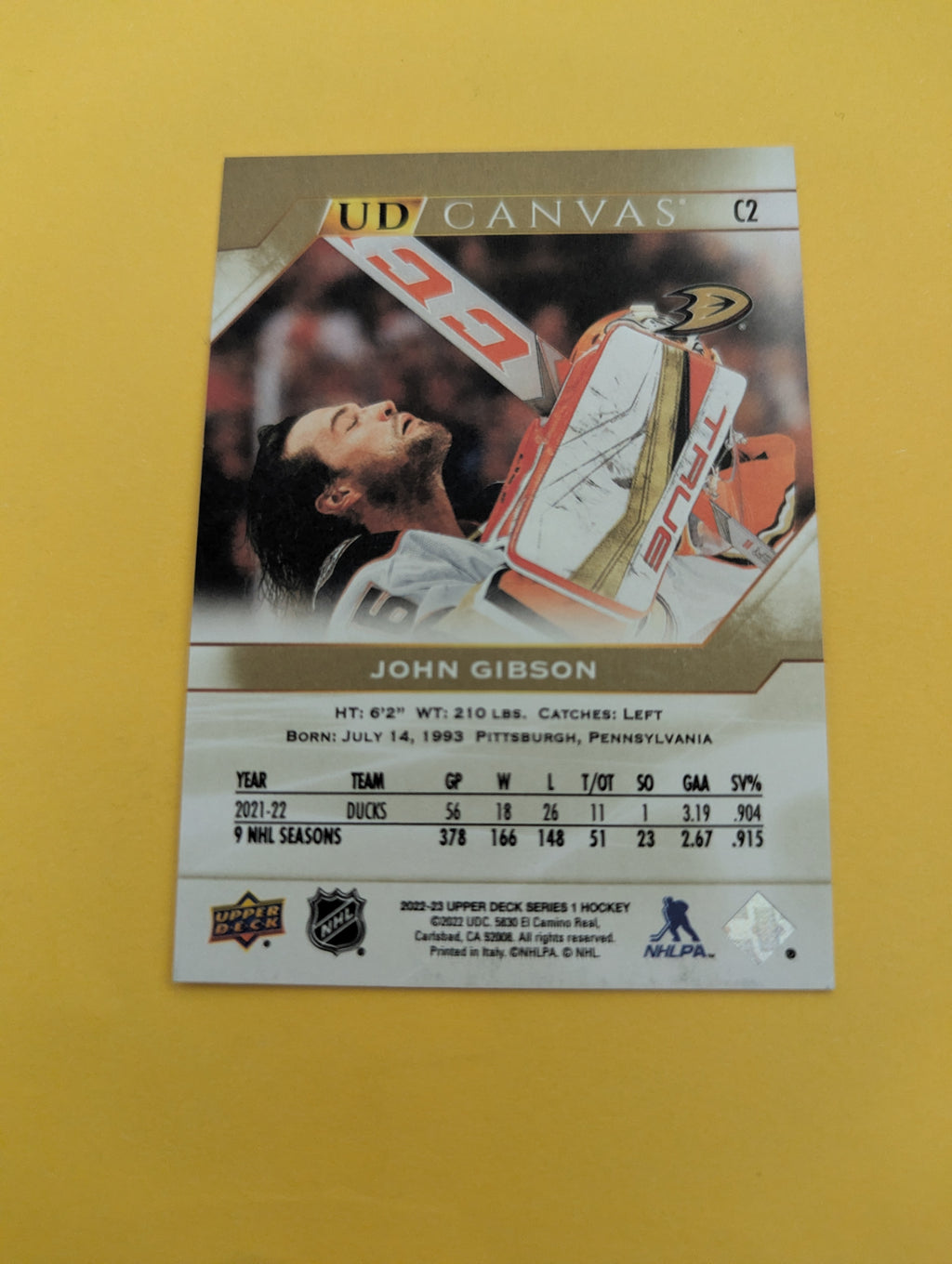 John Gibson 22-23 Upper Deck UD Canvas Card
