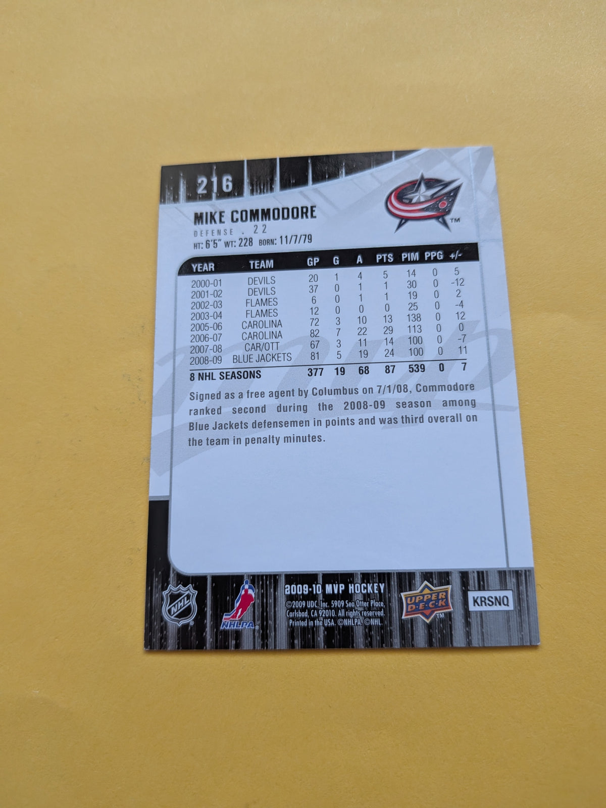 Mike Commodore Signed Columbus Blue Jackets Card B