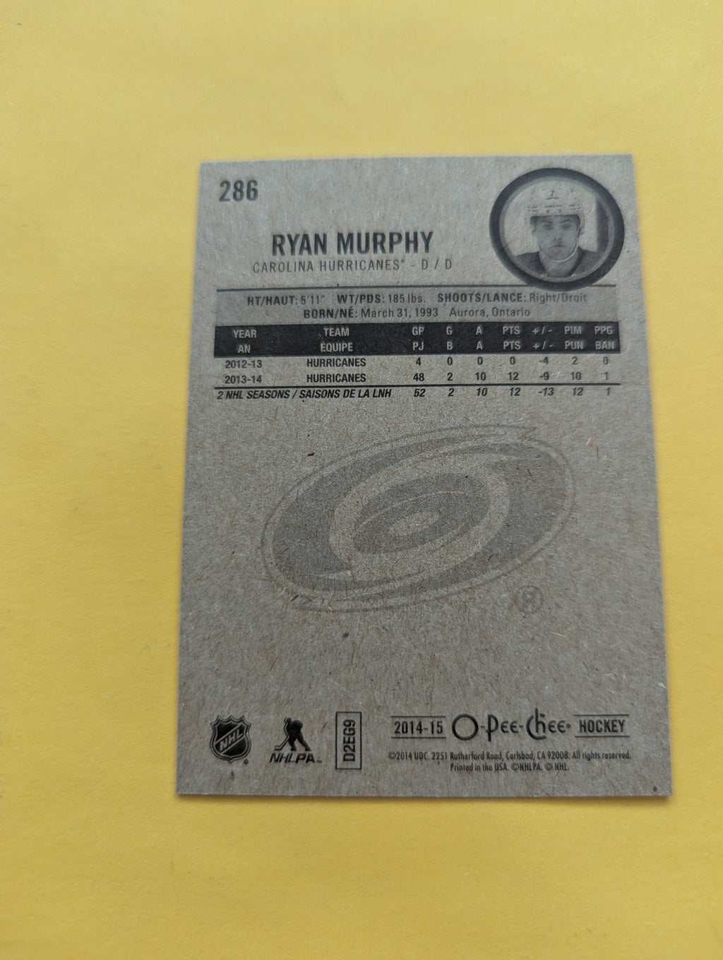 Ryan Murphy Signed Carolina Hurricanes Card