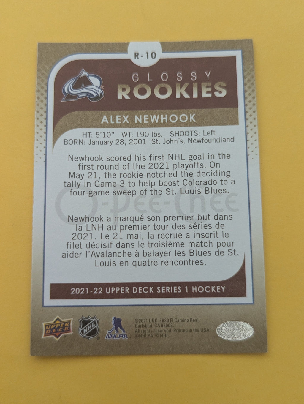 Alex Newhook 21-22 Upper Deck OPC Glossy Bronze Rookie Card