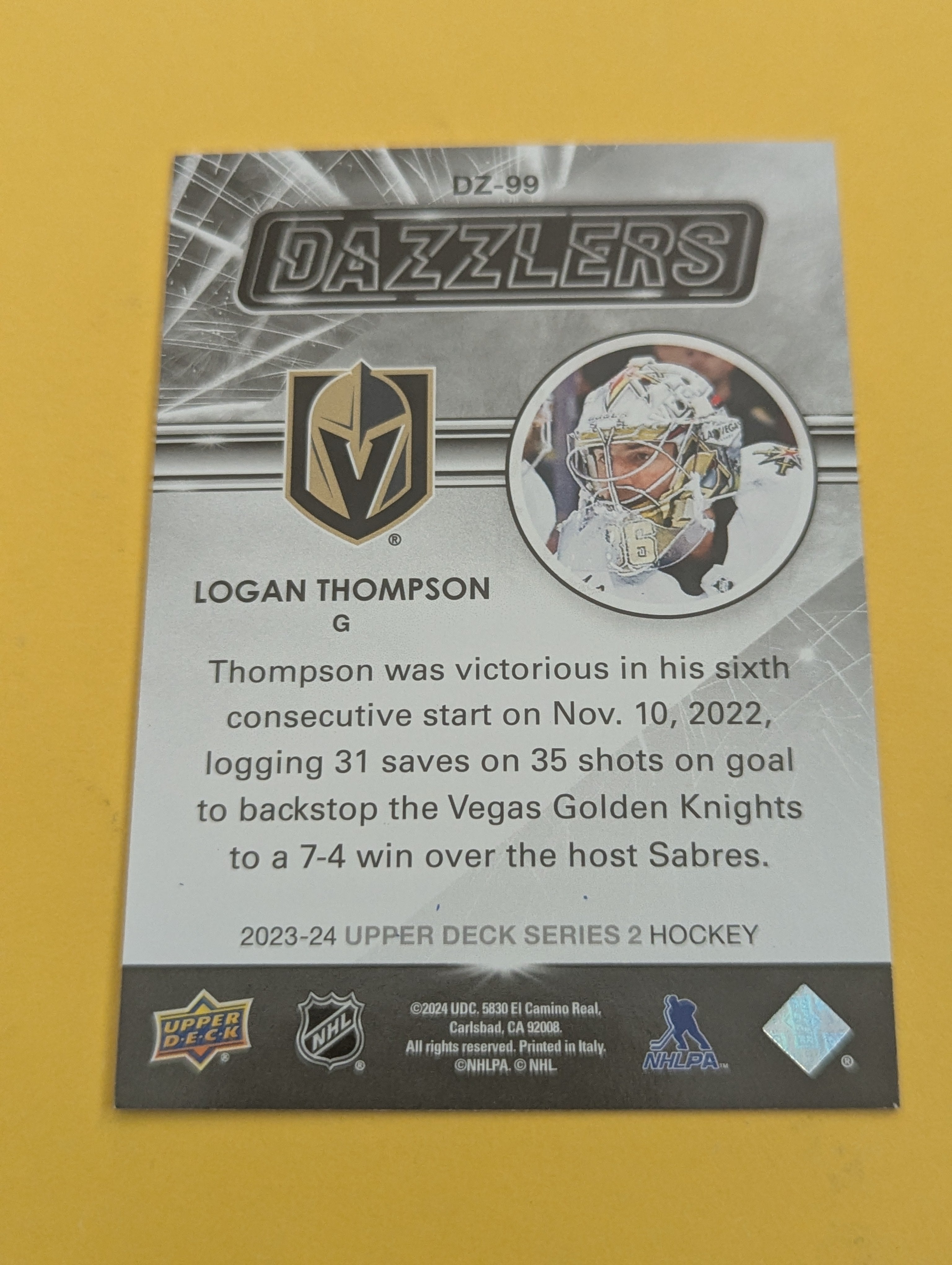 Logan Thompson 23-24 Upper Deck Dazzlers Blue Card