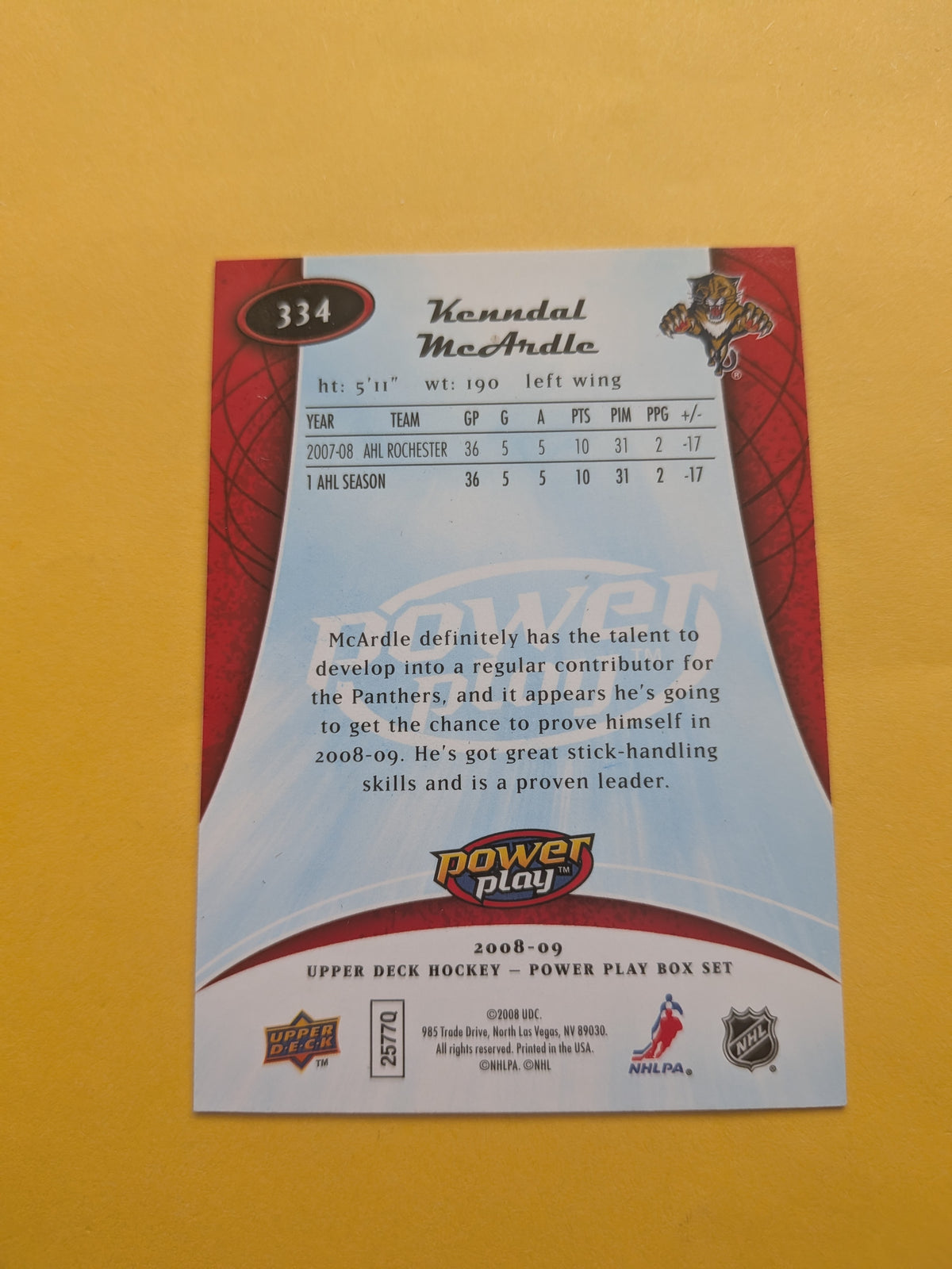 Kenndal Mcardle Signed Florida Panthers Card A