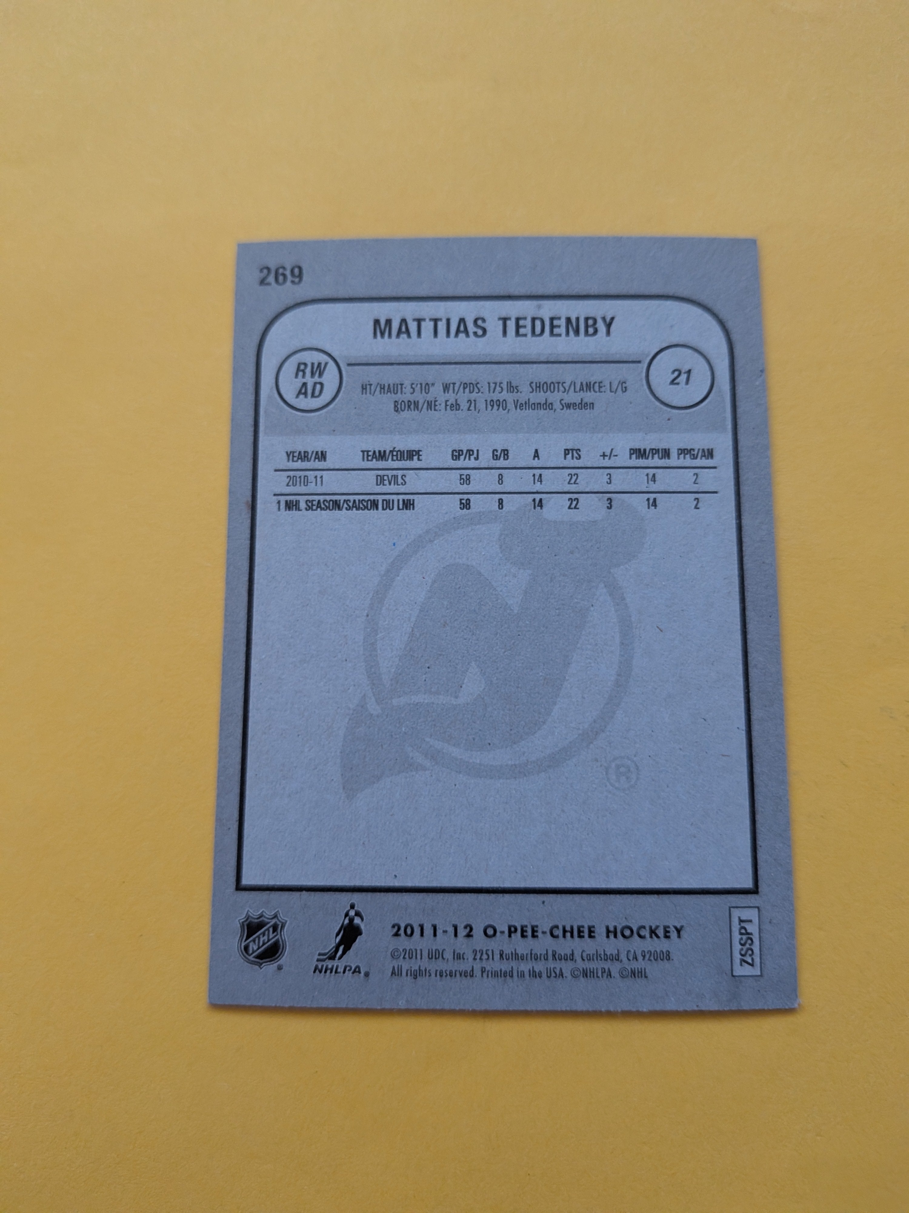 Mattias Tedenby Signed New Jersey Devils Card B