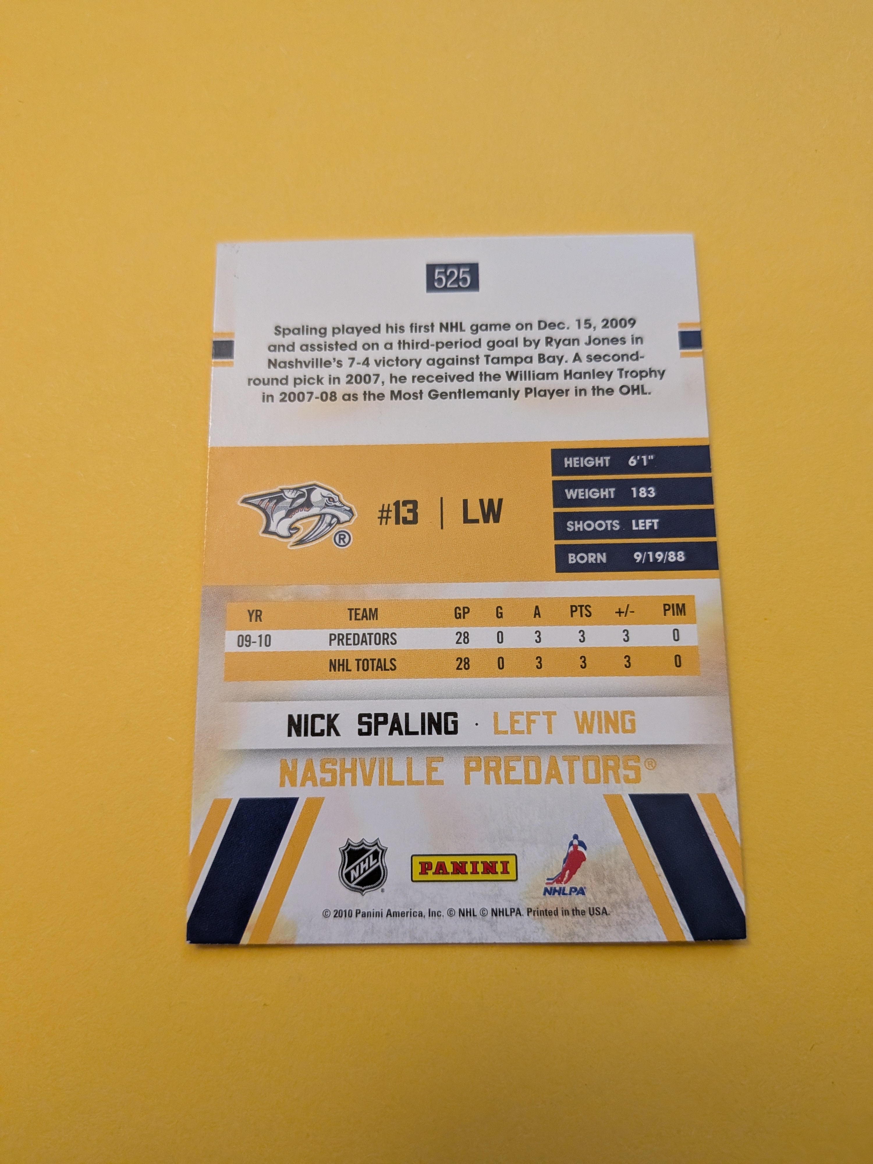 Nick Spaling Signed Nashville Predators Rookie Card A