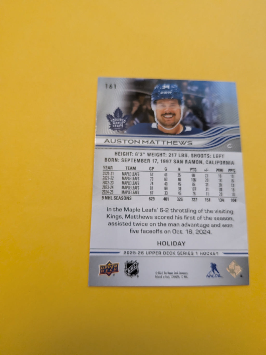 Auston Matthews 25-26 Upper Deck Green Holiday Card