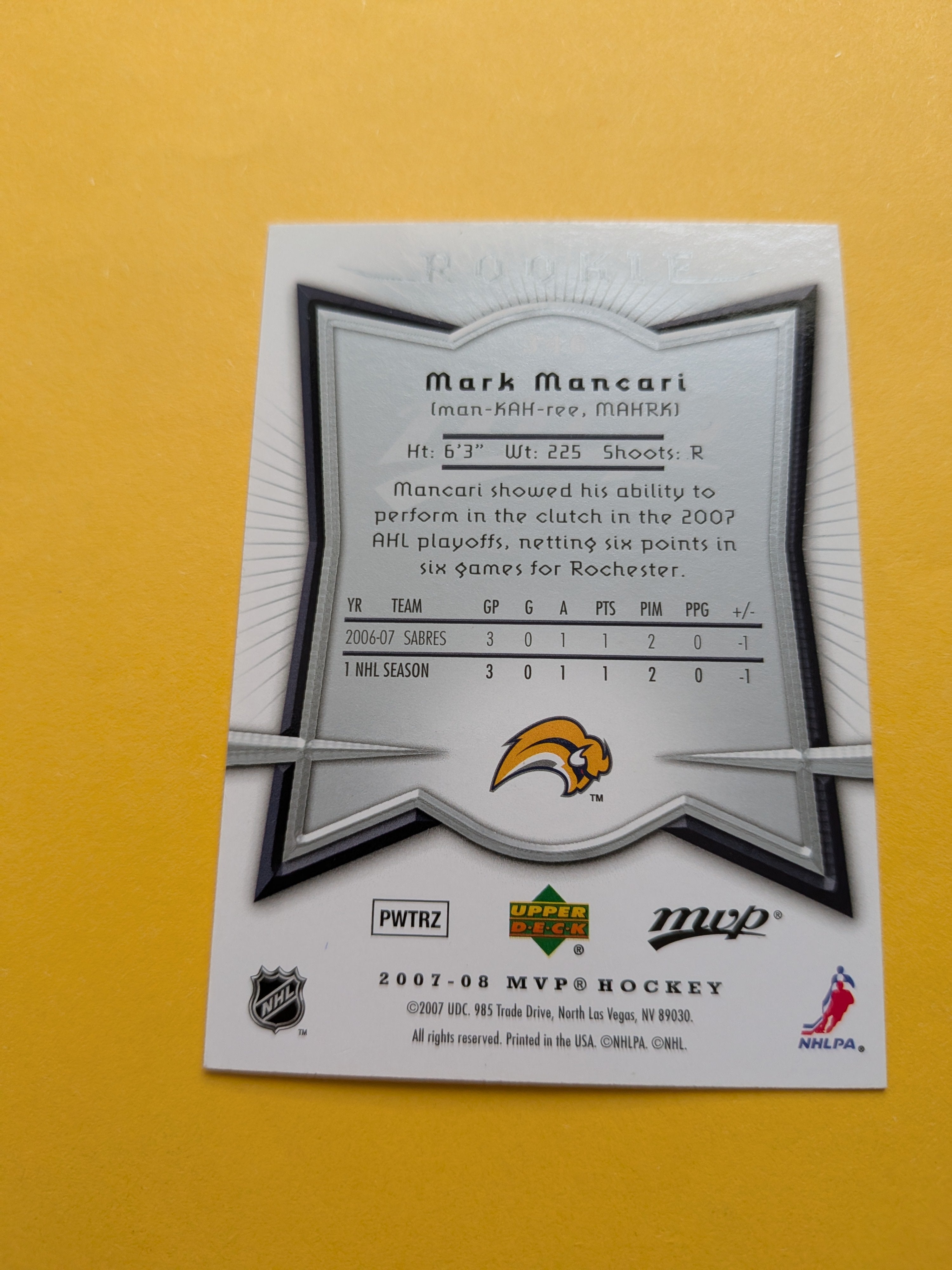 Mark Mancari Signed Buffalo Sabres Rookie Card C