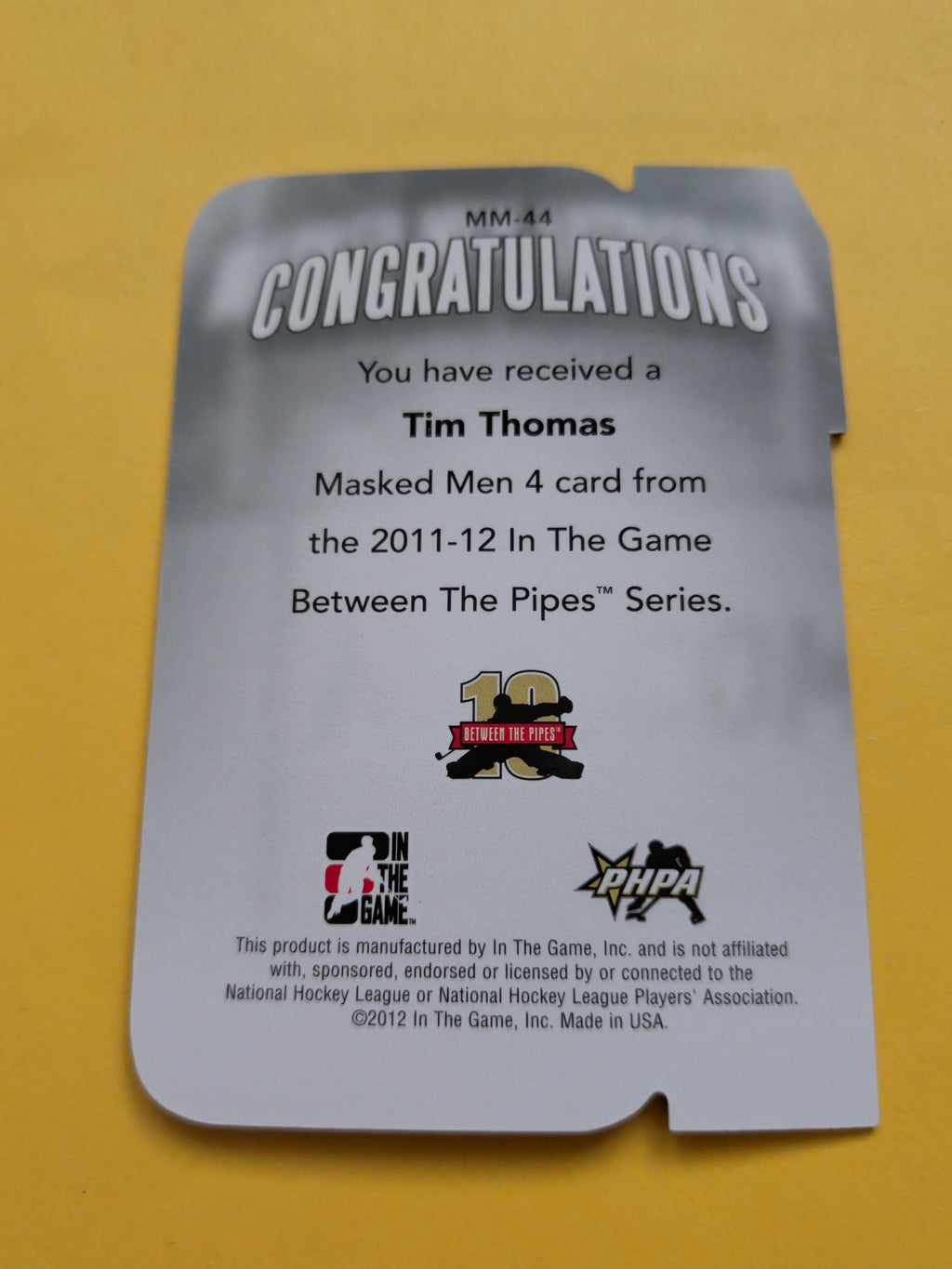 Tim Thomas 11-12 ITG Between The Pipes Masked Men Card