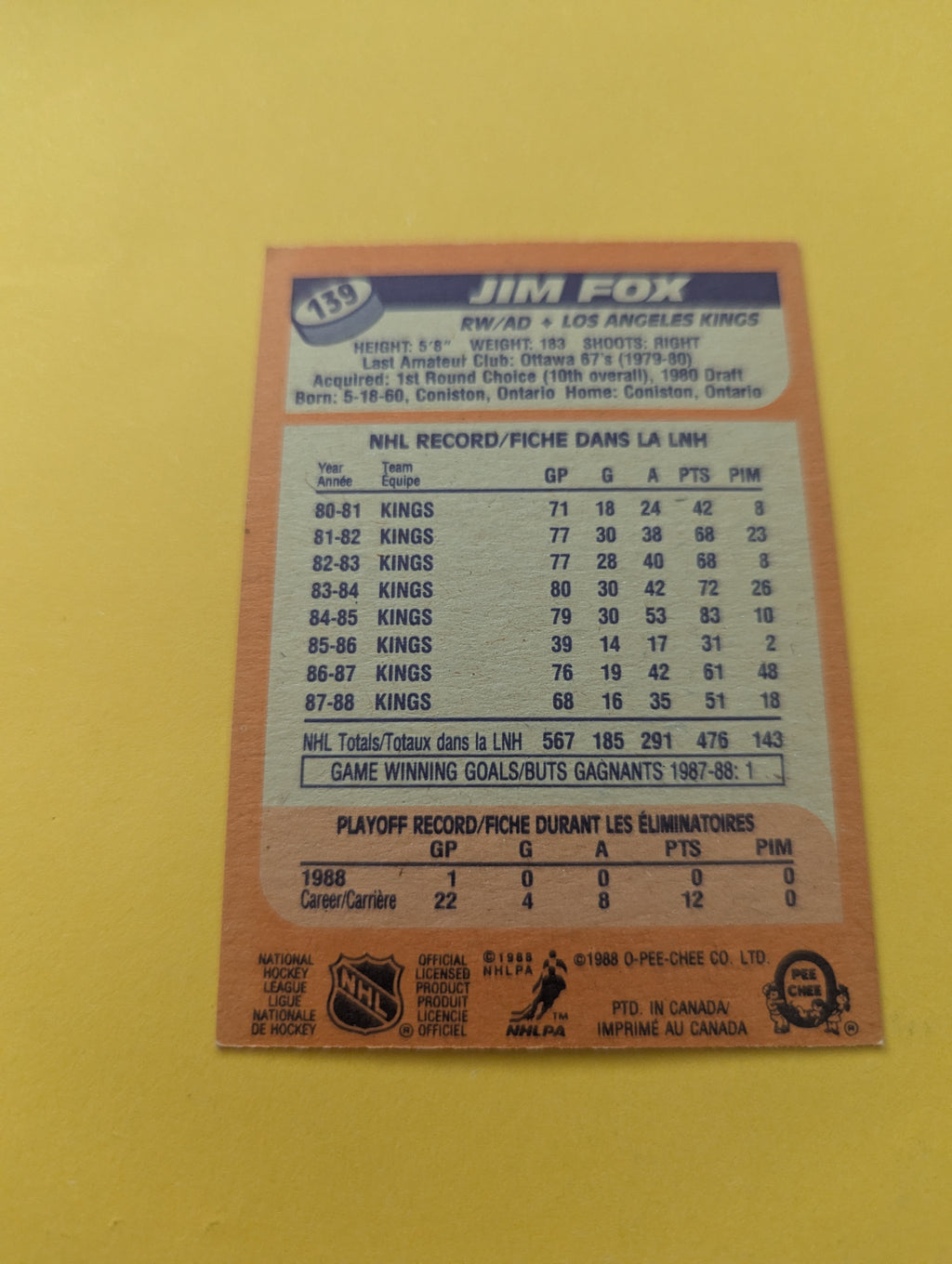 Jim Fox Signed Los Angeles Kings Card