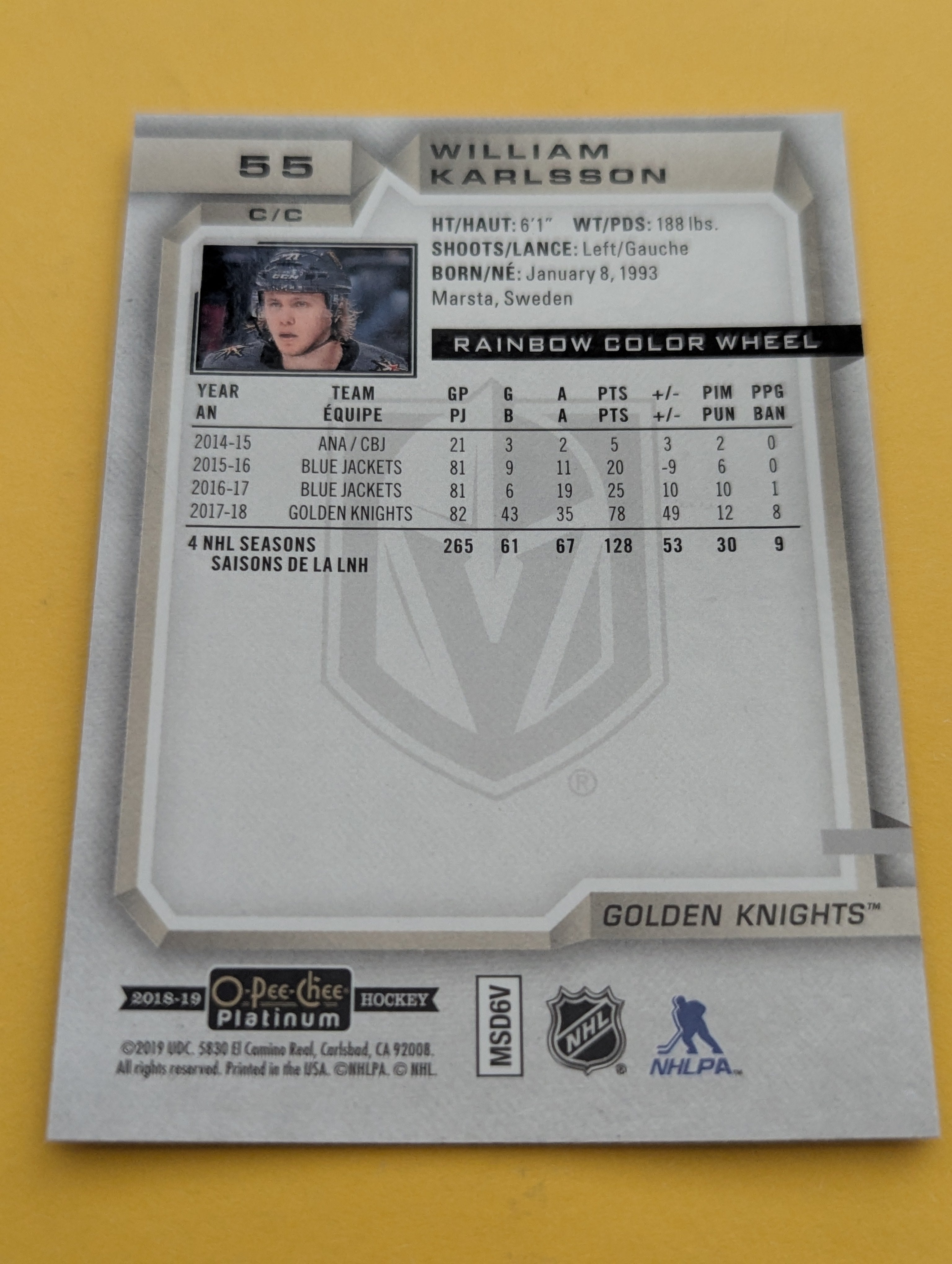 William Karlsson 18-19 OPC Platinum Rainbow Color Wheel Card