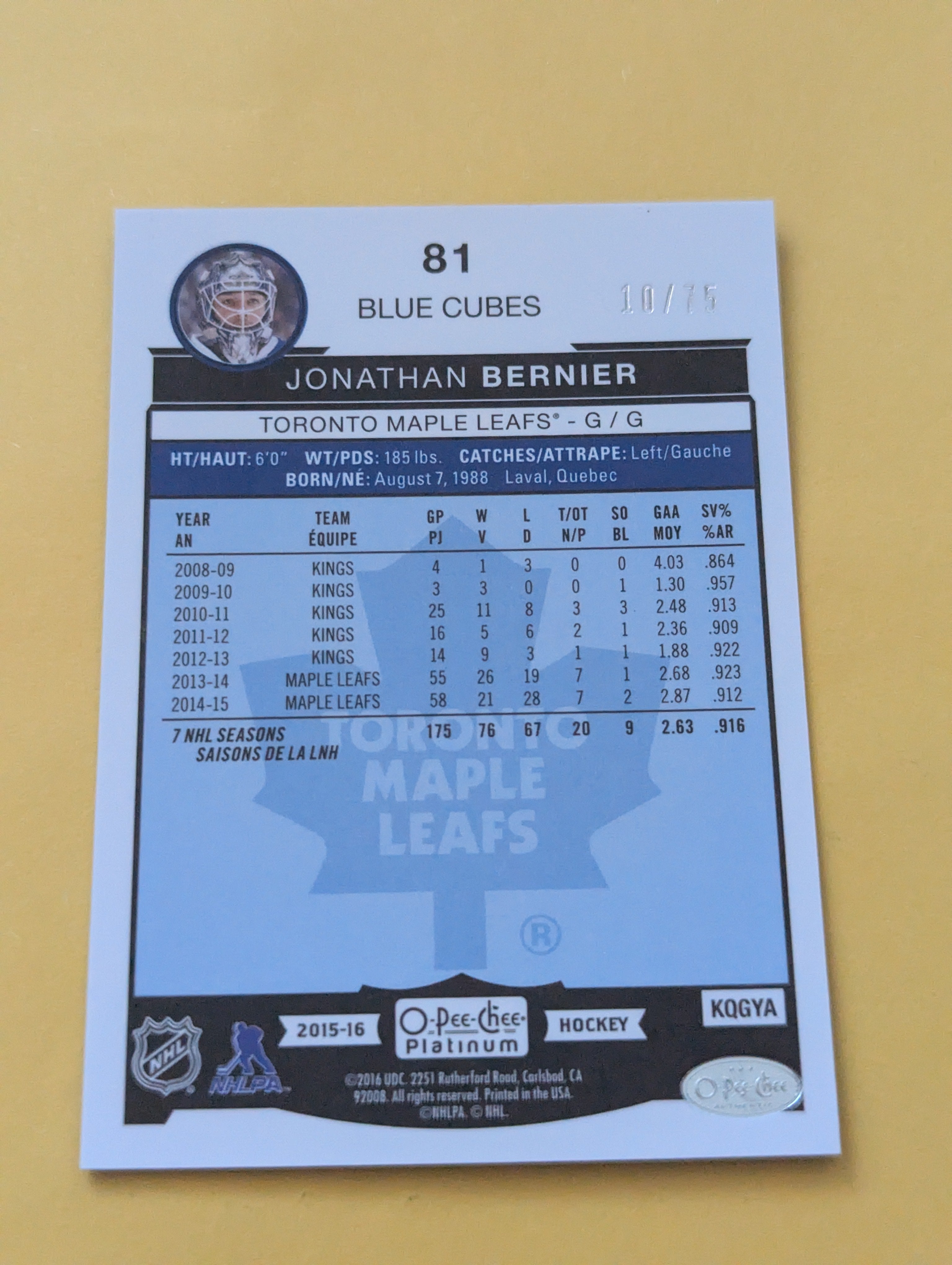 Jonathan Bernier 15-16 OPC Platinum Blue Cubes Parallel Card 10/75