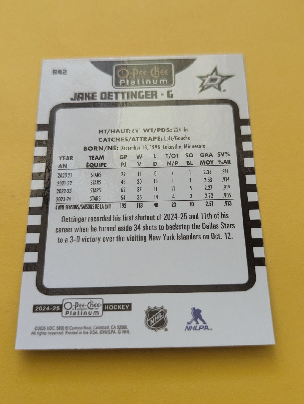 Jake Oettinger 24-25 OPC Platinum Retro Card