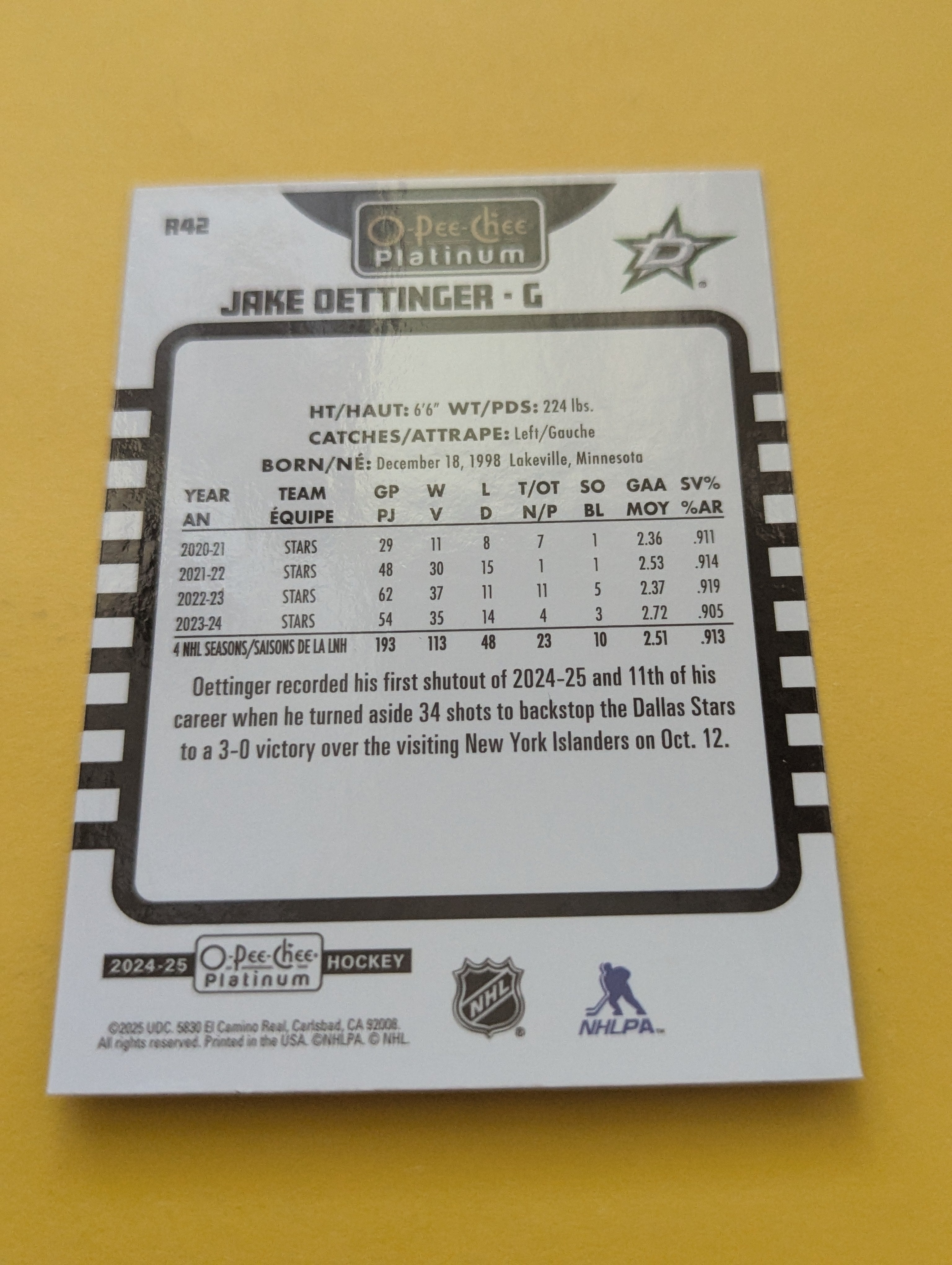 Jake Oettinger 24-25 OPC Platinum Retro Card