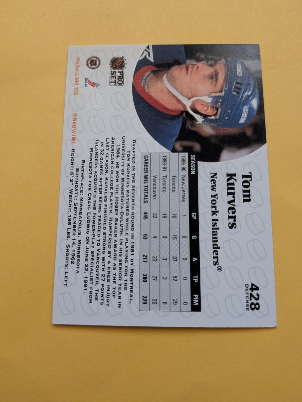 Tom Kurvers Signed New York Islanders Card C