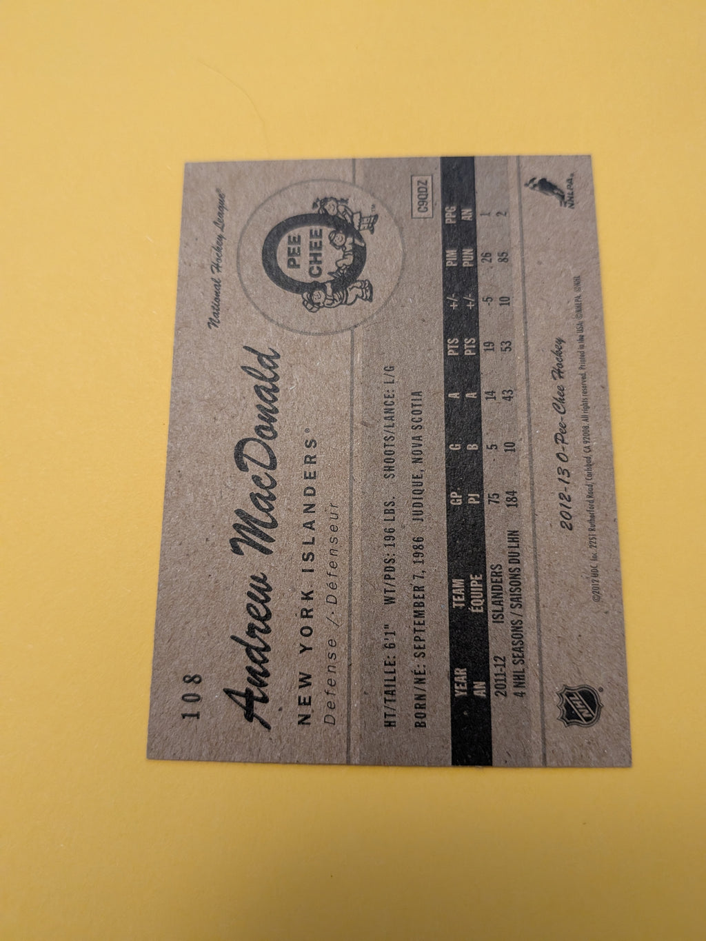 Andrew MacDonald Signed New York Islanders Card B