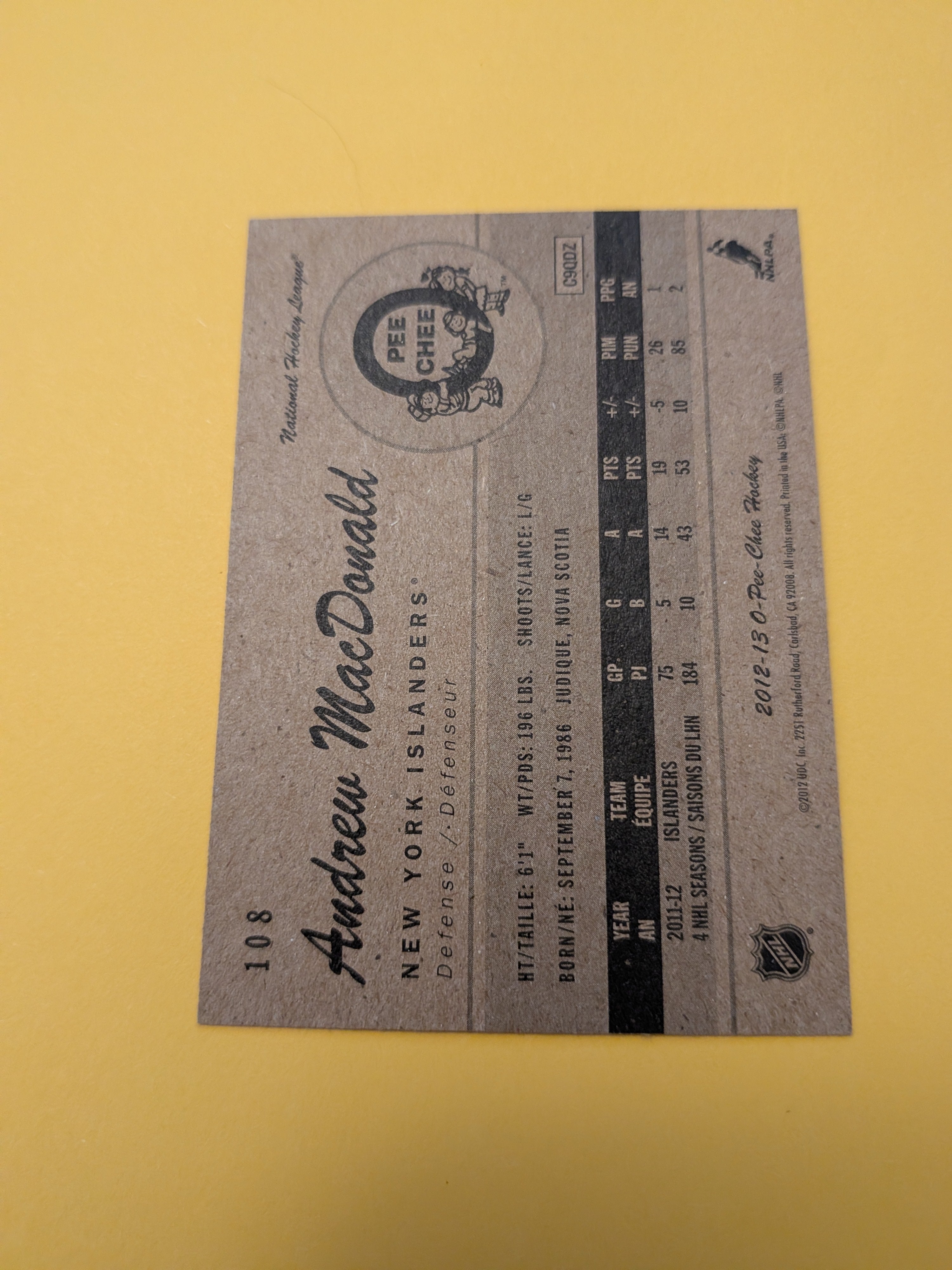 Andrew MacDonald Signed New York Islanders Card B