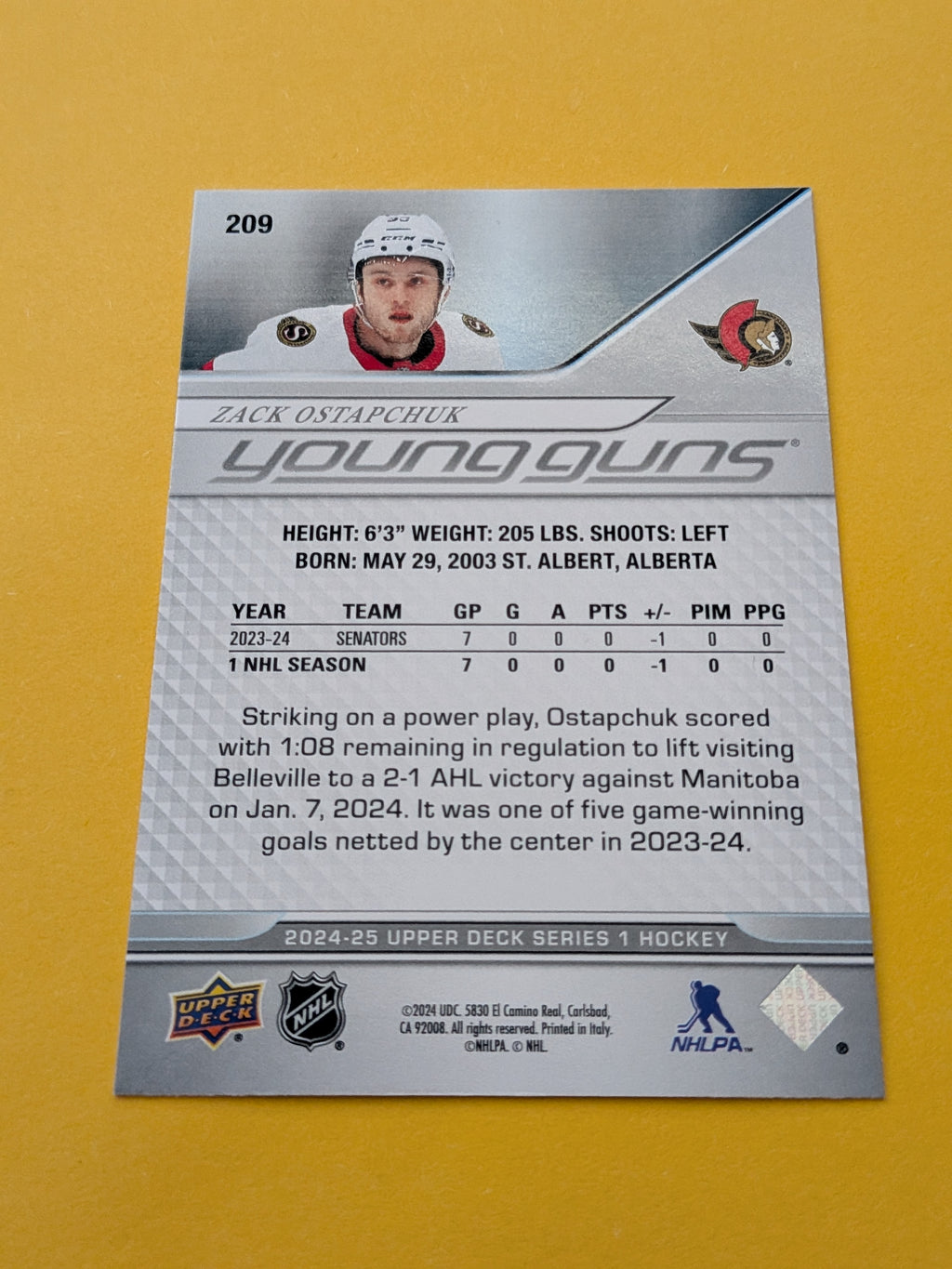 Zack Ostapchuk 24-25 Upper Deck Young Guns Rookie Card