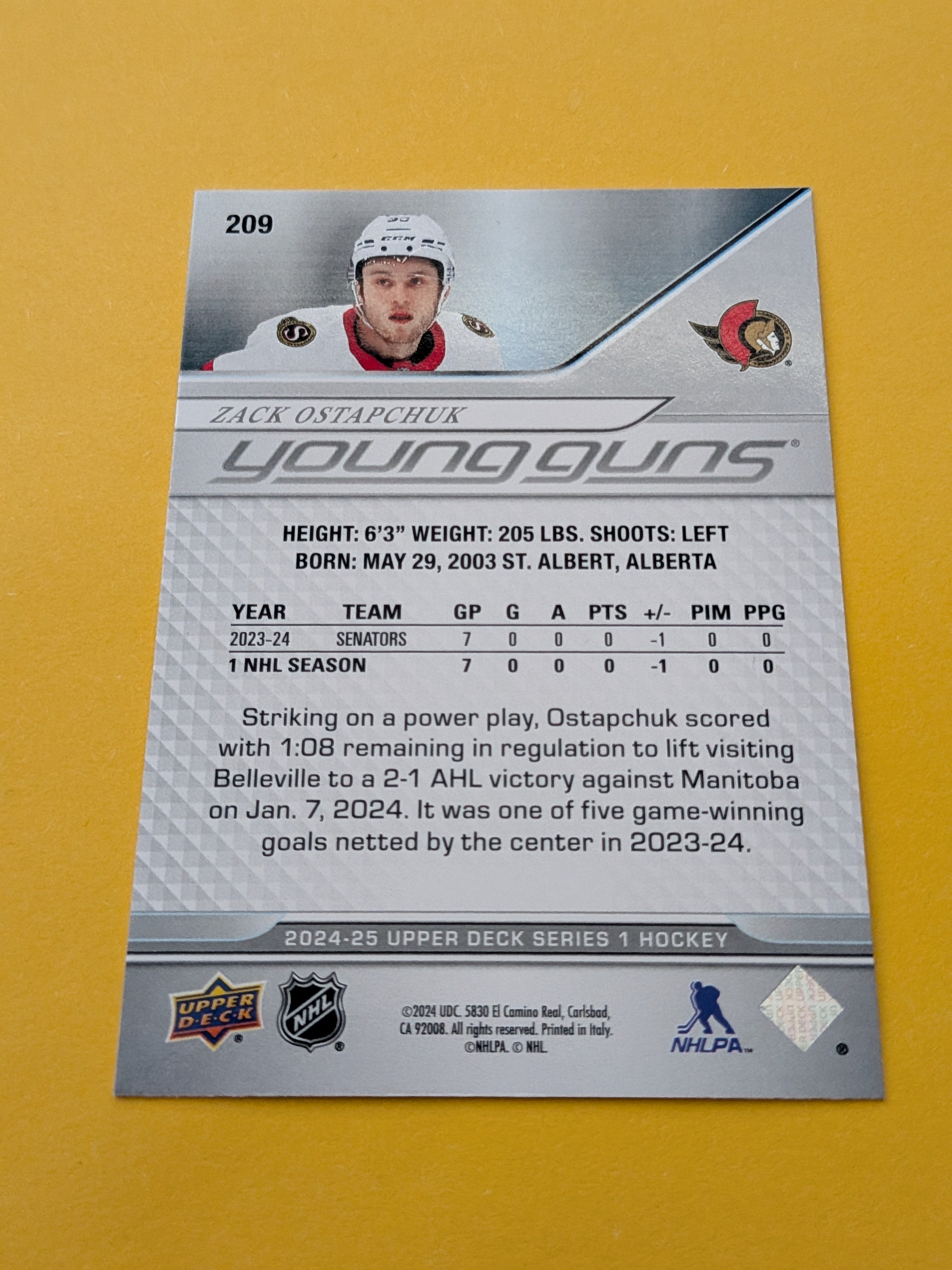 Zack Ostapchuk 24-25 Upper Deck Young Guns Rookie Card