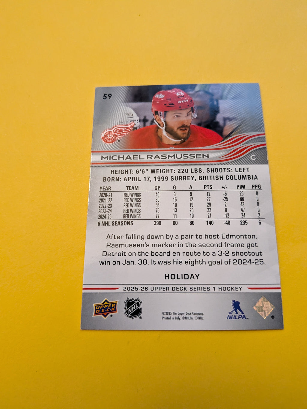 Michael Rasmussen 25-26 Upper Deck Green Holiday Card
