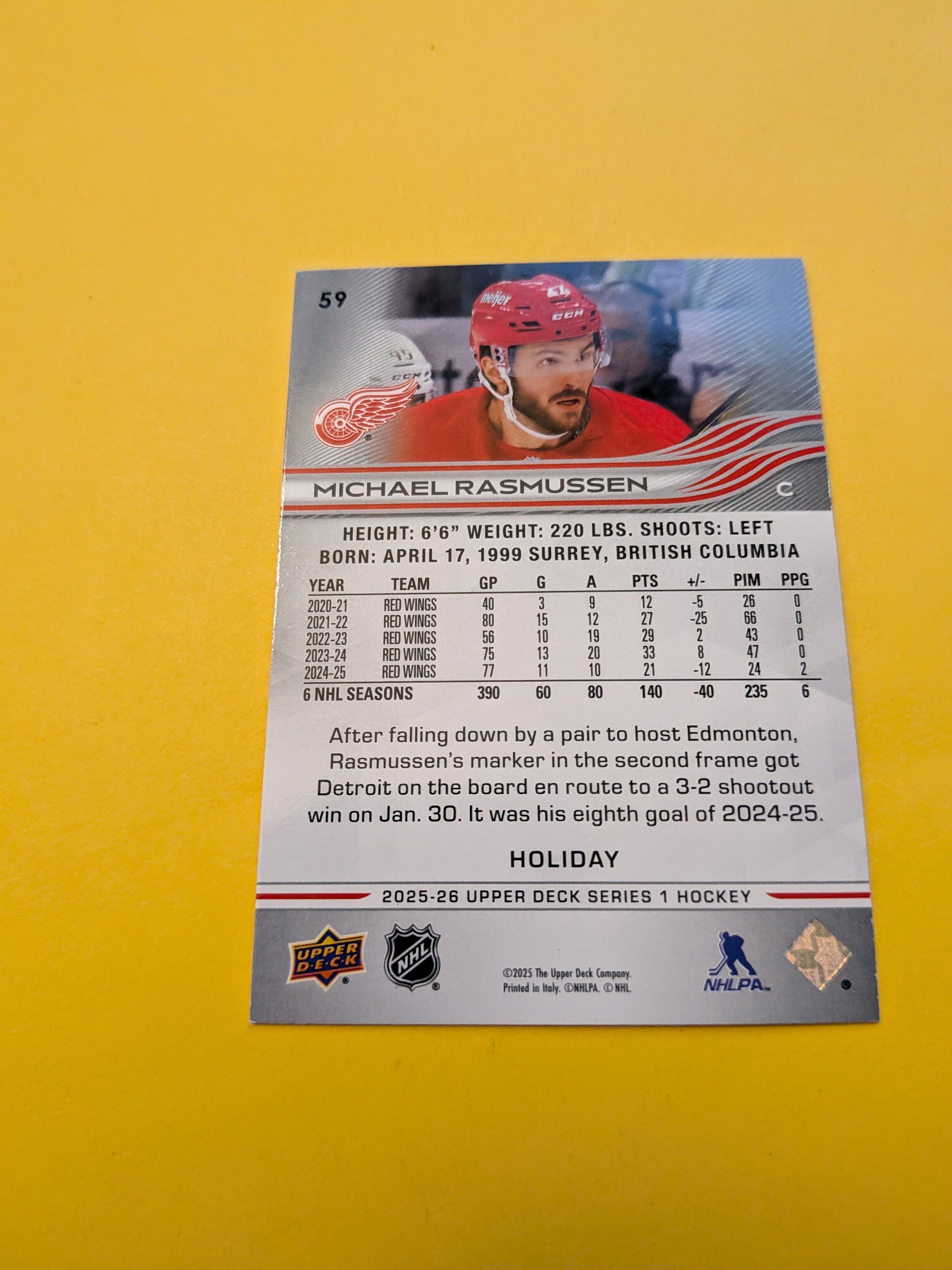 Michael Rasmussen 25-26 Upper Deck Green Holiday Card